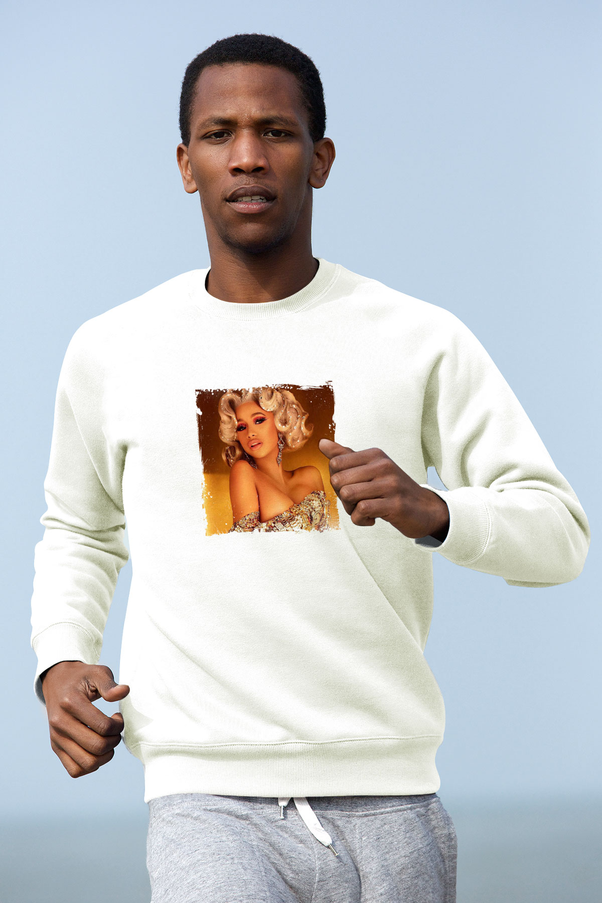 Cardi B Baskılı Unisex Beyaz Sweatshirt