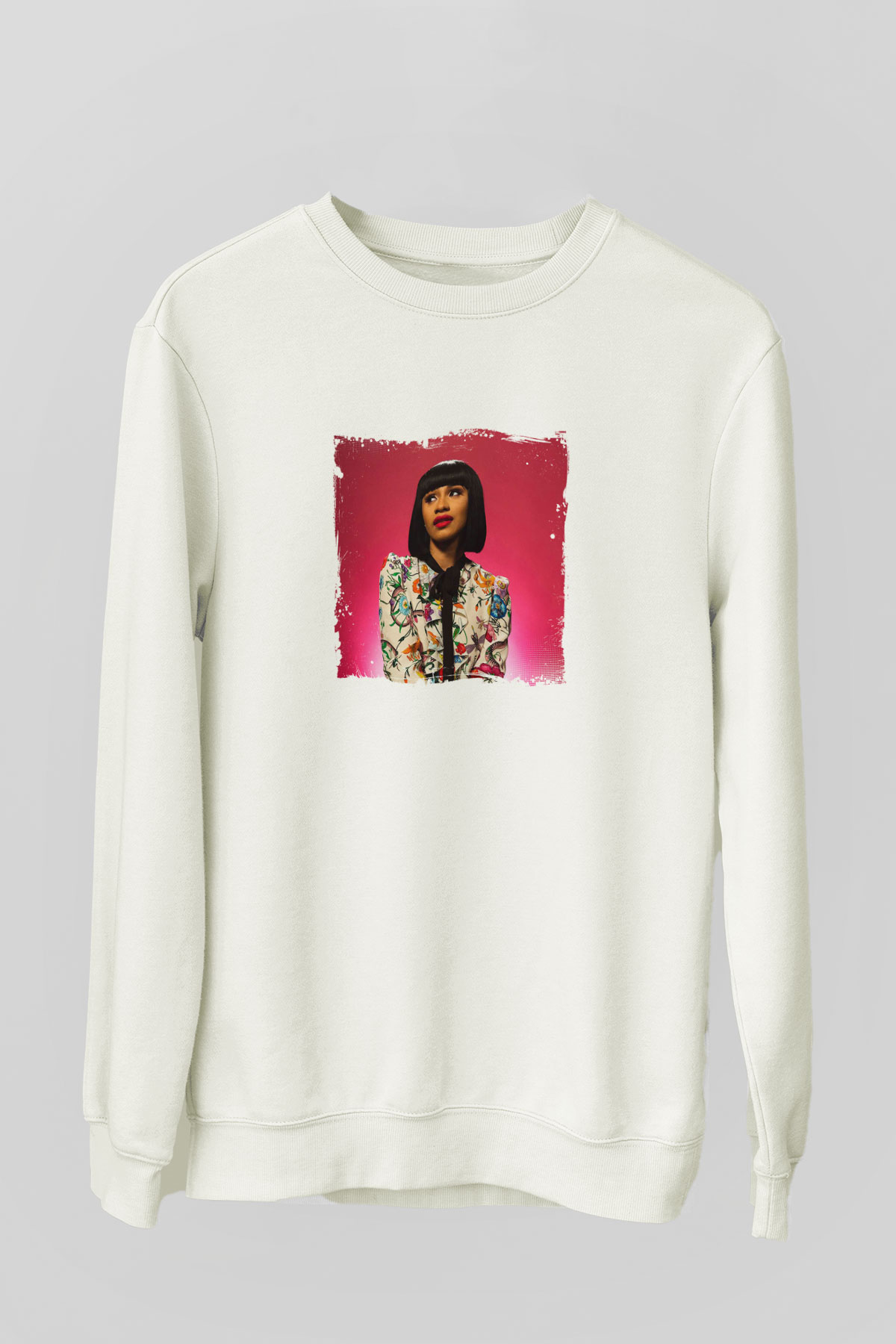 Cardi B Baskılı Unisex Beyaz Sweatshirt
