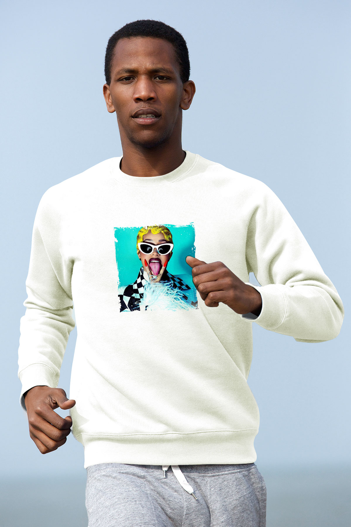 Cardi B Baskılı Unisex Beyaz Sweatshirt