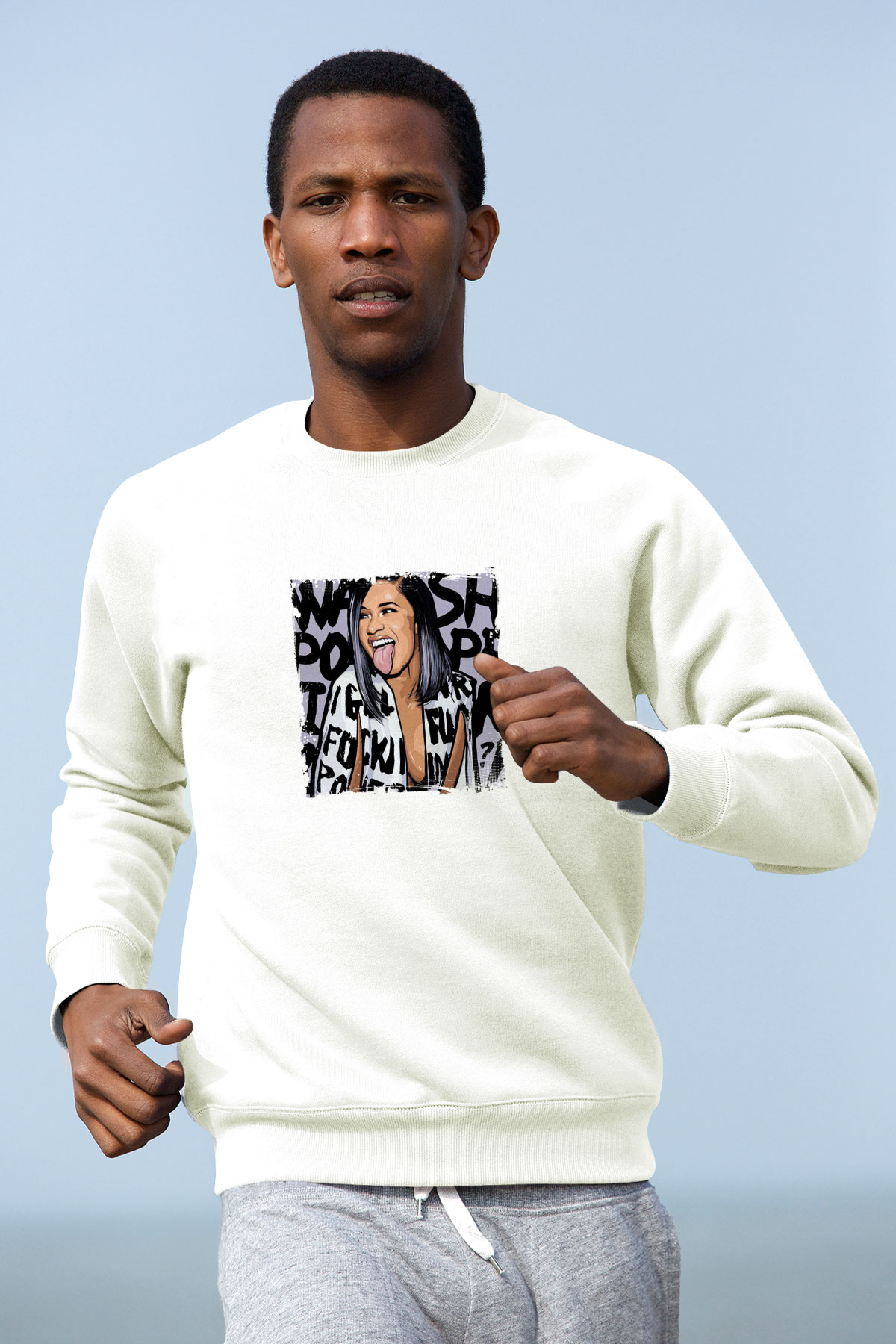 Cardi B Baskılı Unisex Beyaz Sweatshirt