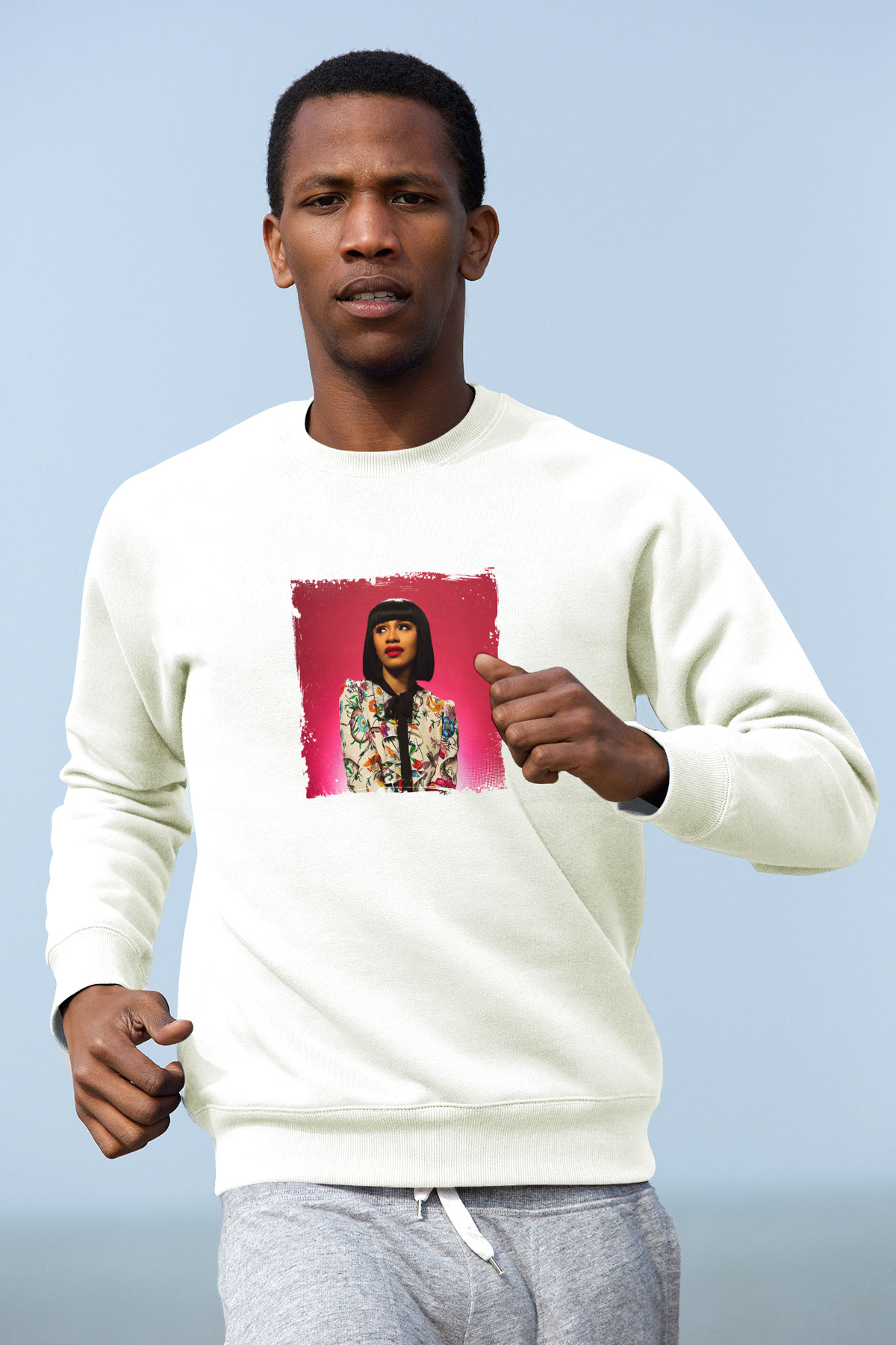 Cardi B Baskılı Unisex Beyaz Sweatshirt
