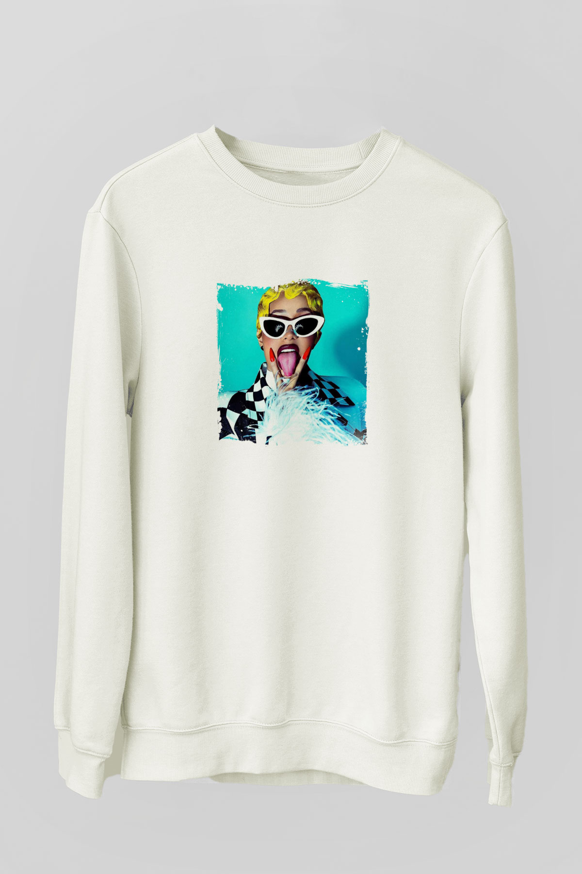 Cardi B Baskılı Unisex Beyaz Sweatshirt