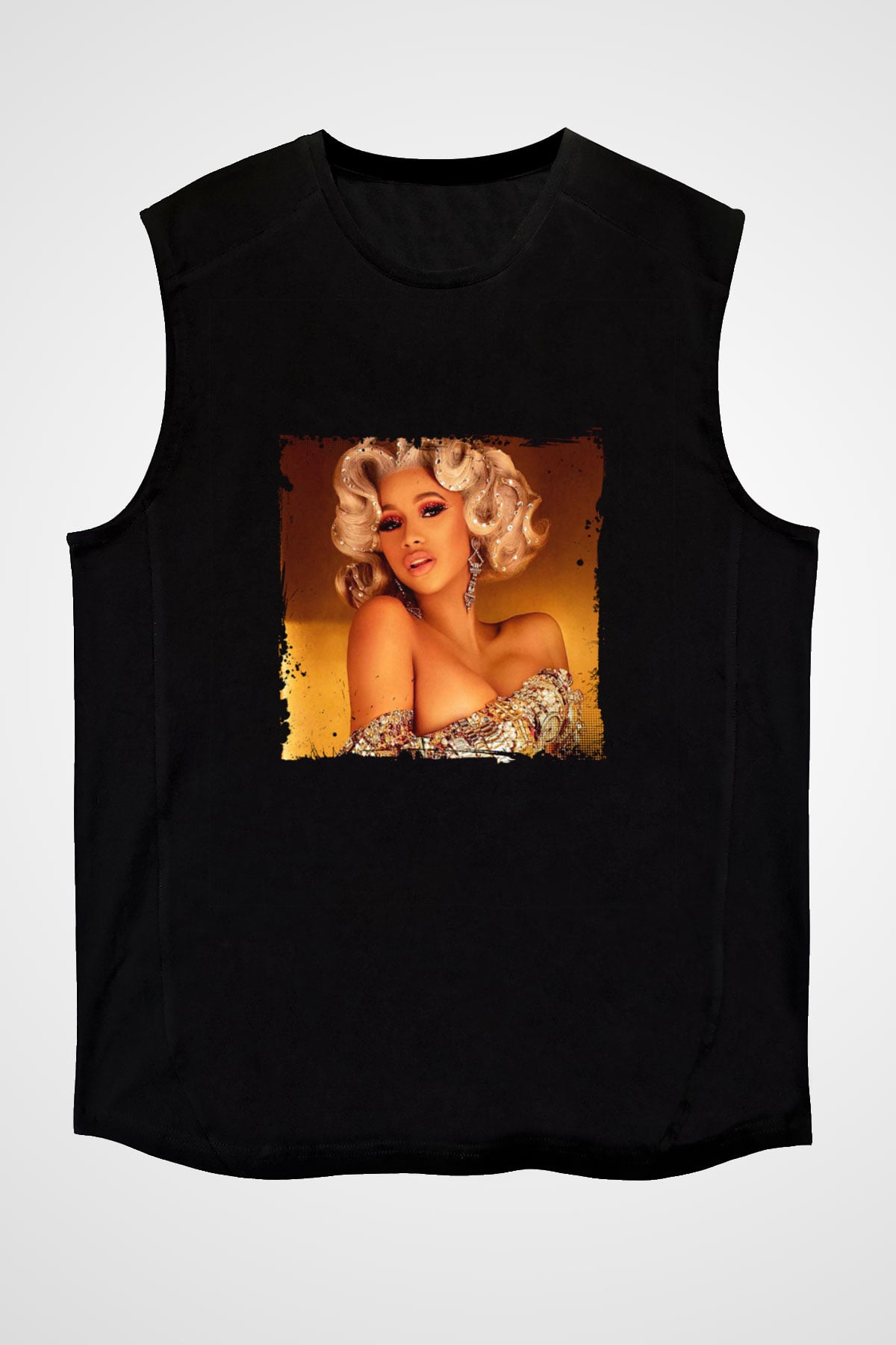 Cardi B Baskılı Unisex Siyah Kolsuz Tişört
