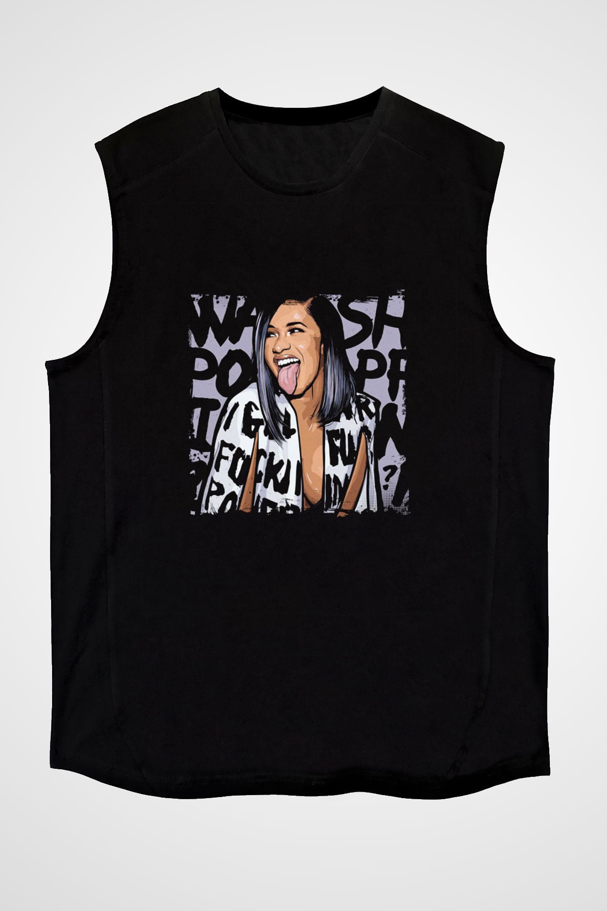 Cardi B Baskılı Unisex Siyah Kolsuz Tişört