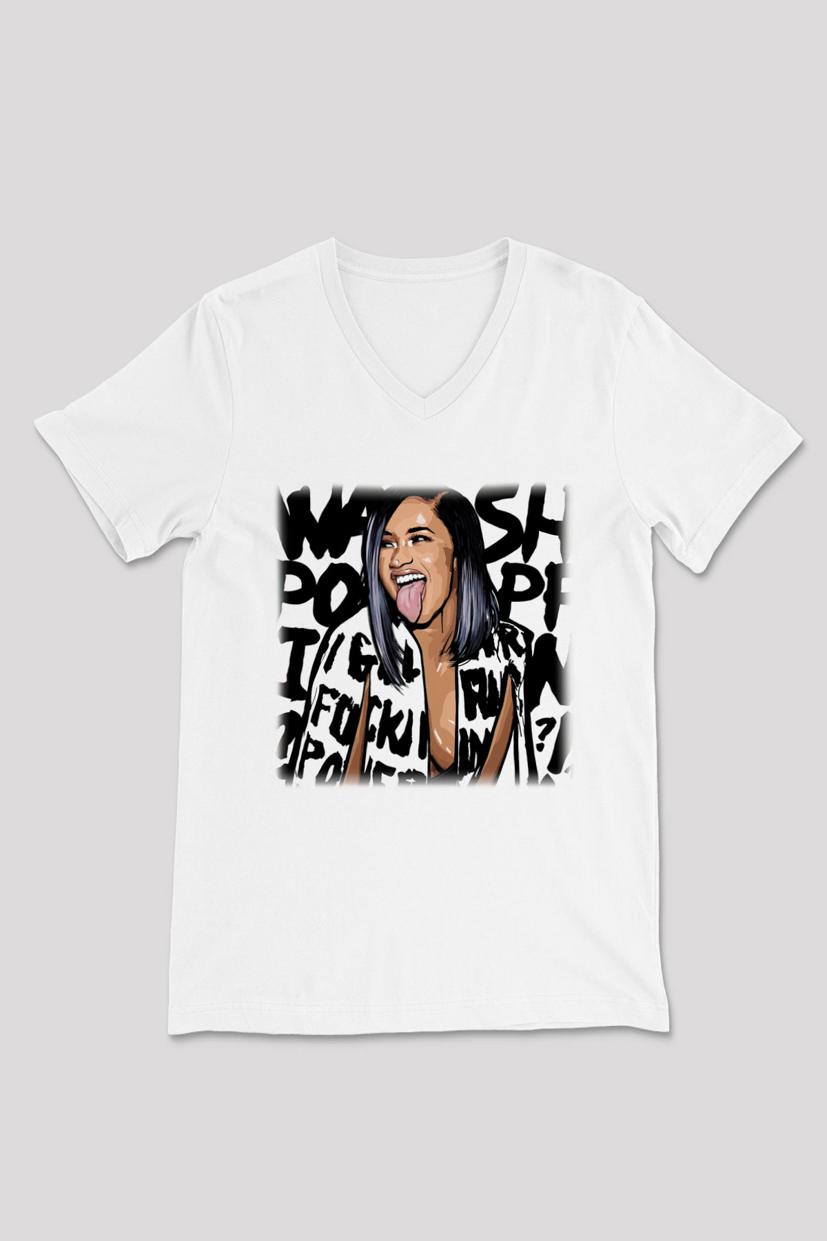 Cardi B Beyaz Unisex V Yaka Tişört T-Shirt