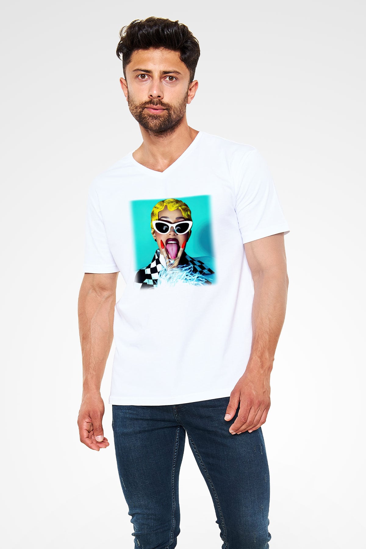 Cardi B Beyaz Unisex V Yaka Tişört T-Shirt