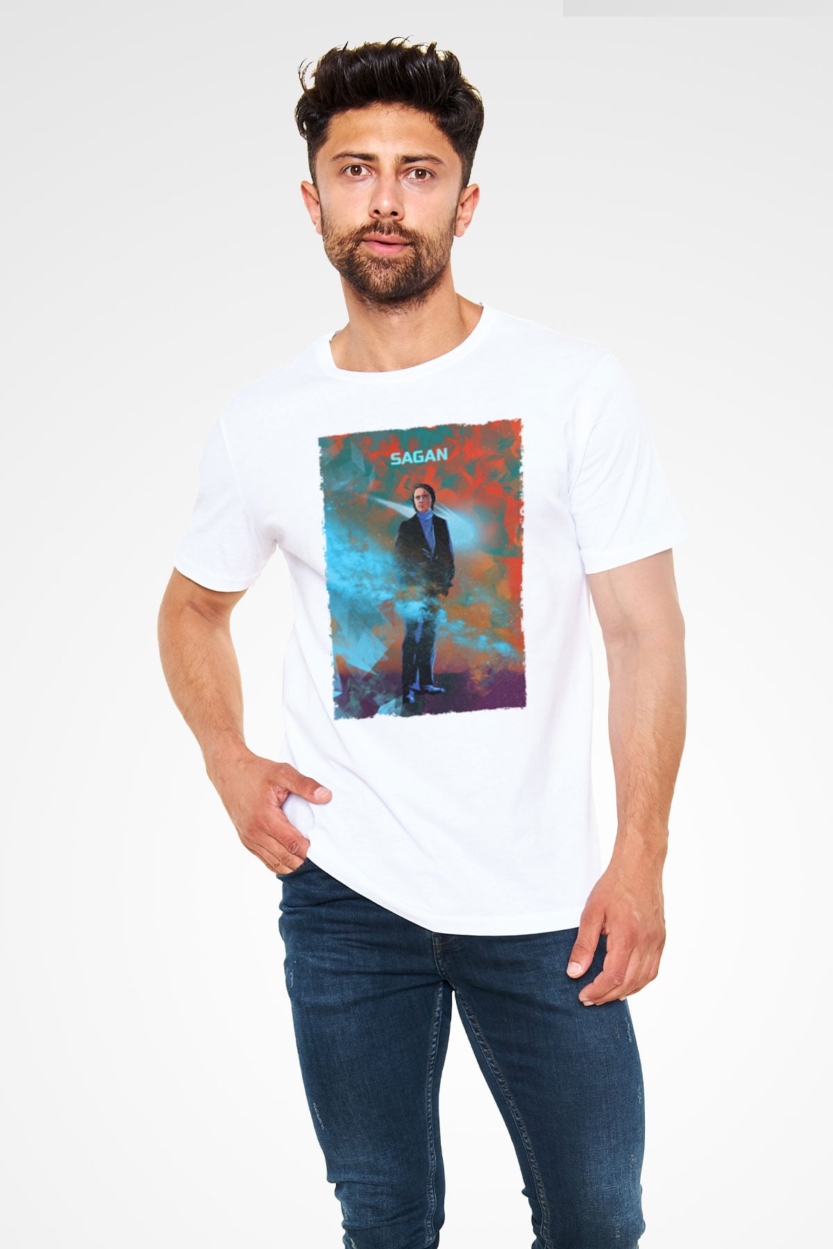 Carl Sagan Baskılı Unisex Beyaz Tişört - Tshirt
