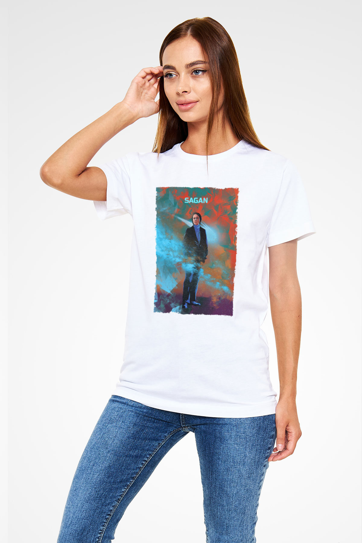 Carl Sagan Baskılı Unisex Beyaz Tişört - Tshirt