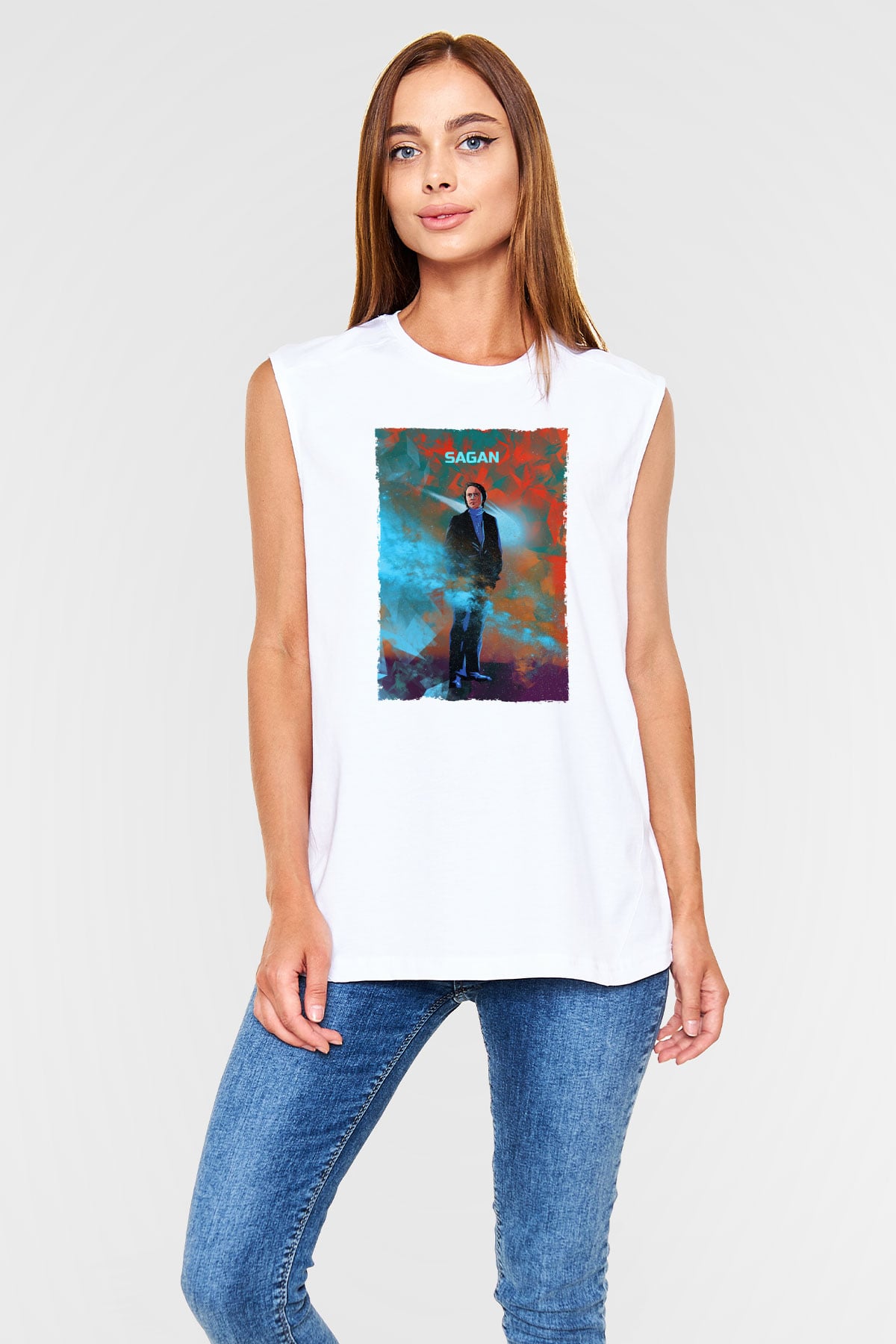 Carl Sagan Baskılı Unisex Kolsuz Beyaz Tişört - Tshirt