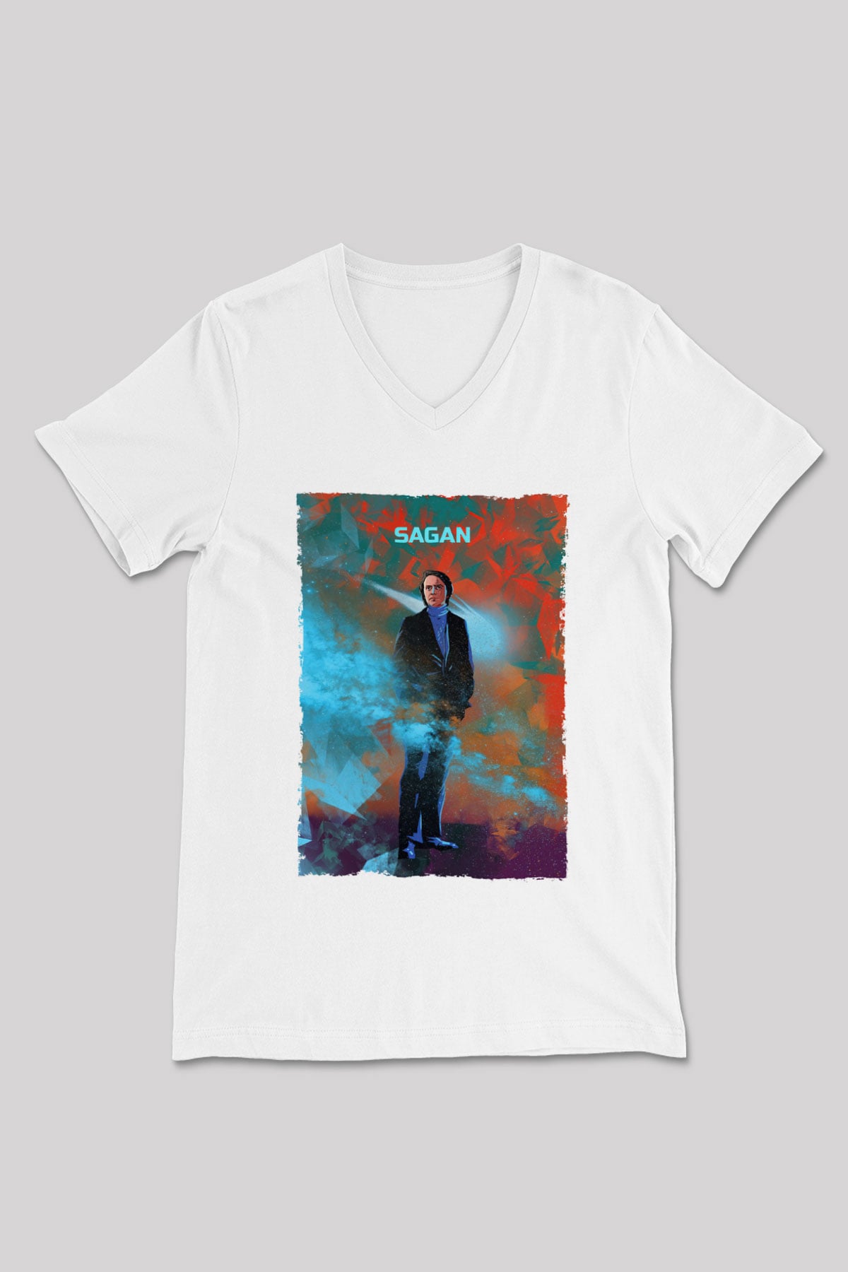 Carl Sagan Baskılı Unisex V Yaka Beyaz Tişört - Tshirt
