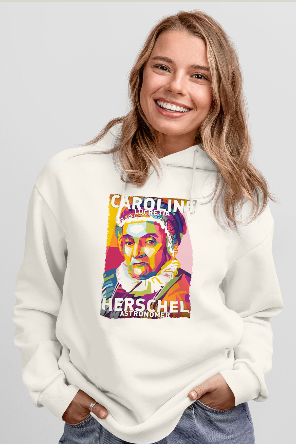 Caroline Lucretia Herschel Baskılı Unisex Ekru Hoodie
