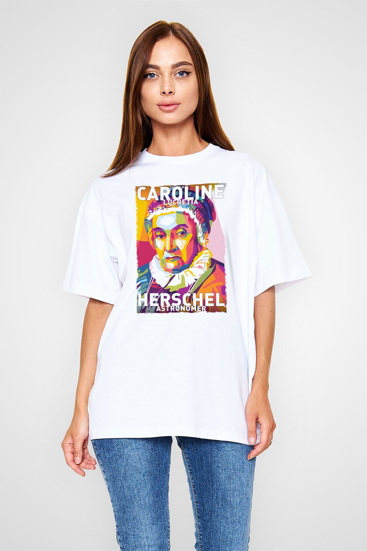Caroline Lucretia Herschel Baskılı Unisex Oversize Beyaz Tişört - Tshirt