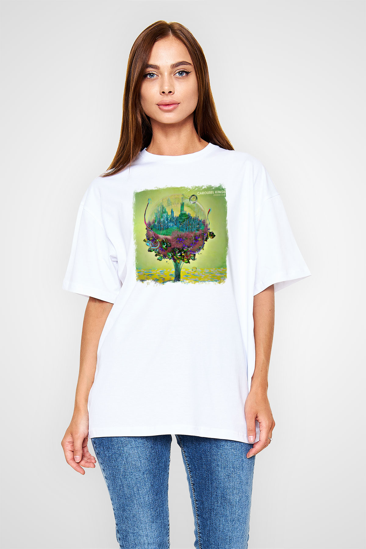 Carousel Kings Baskılı Unisex Beyaz Oversize Tişört