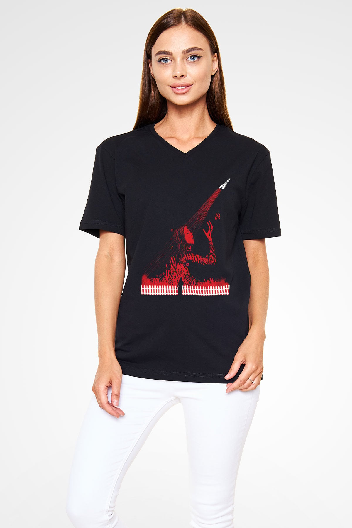 Carrie Siyah Unisex V Yaka Tişört