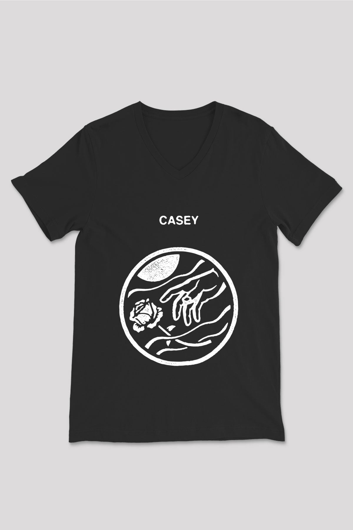 Casey Baskılı Unisex Siyah V Yaka Tişört