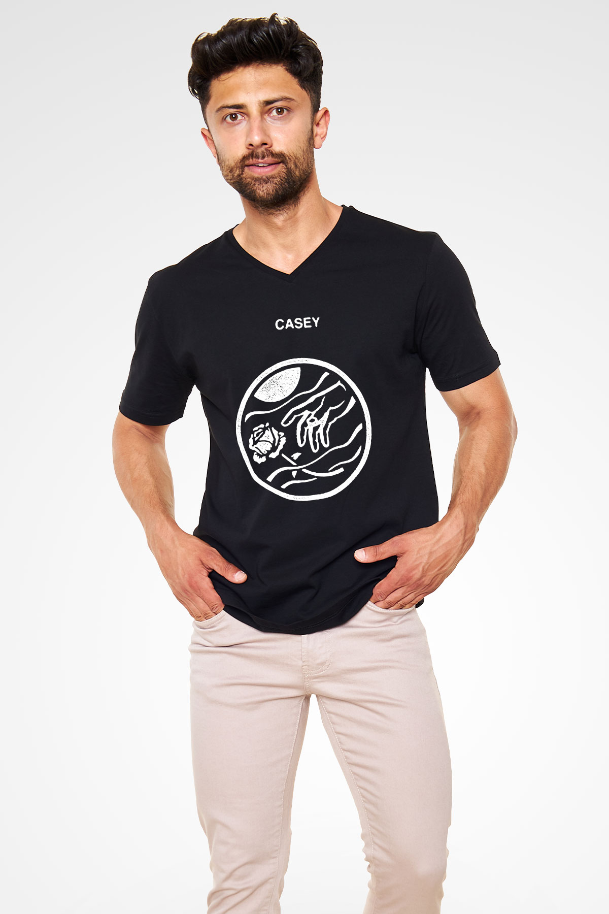 Casey Baskılı Unisex Siyah V Yaka Tişört