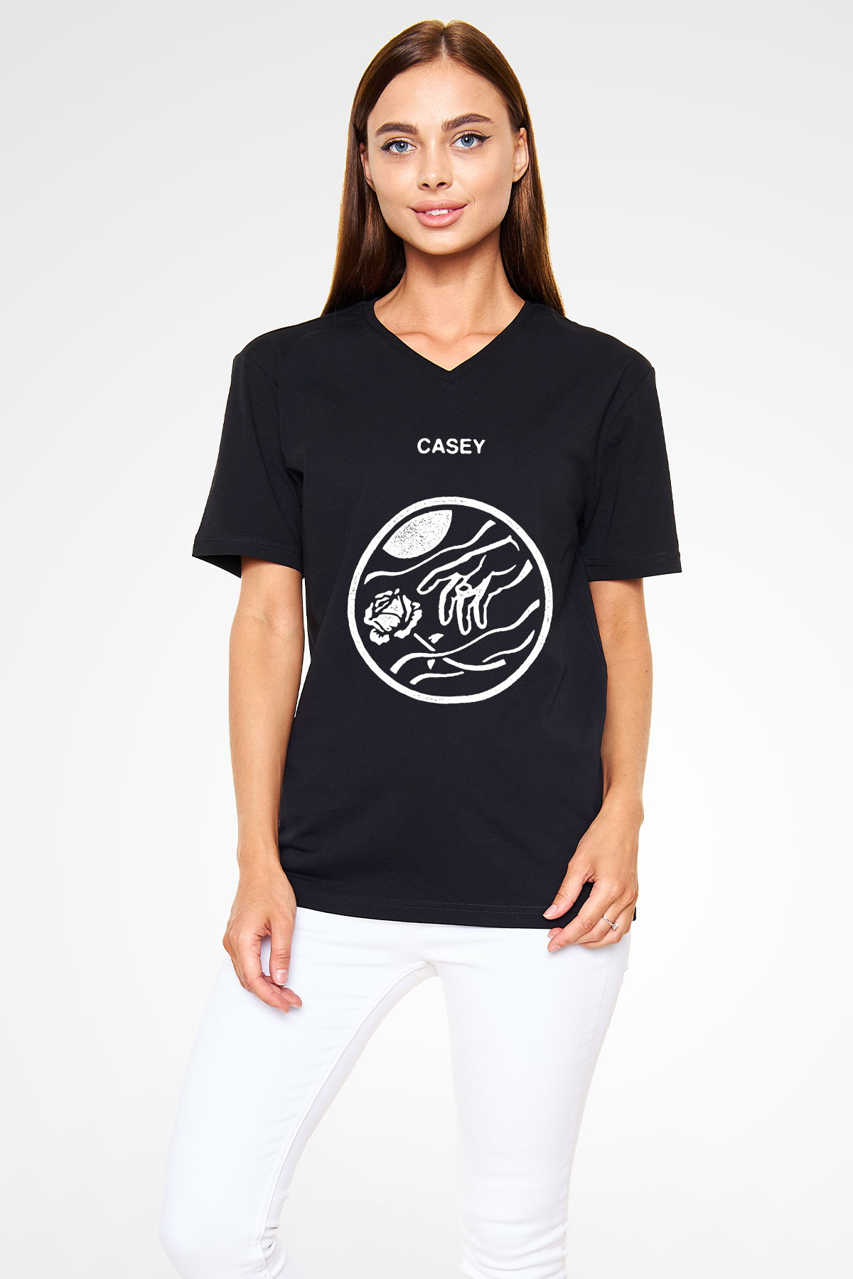 Casey Baskılı Unisex Siyah V Yaka Tişört