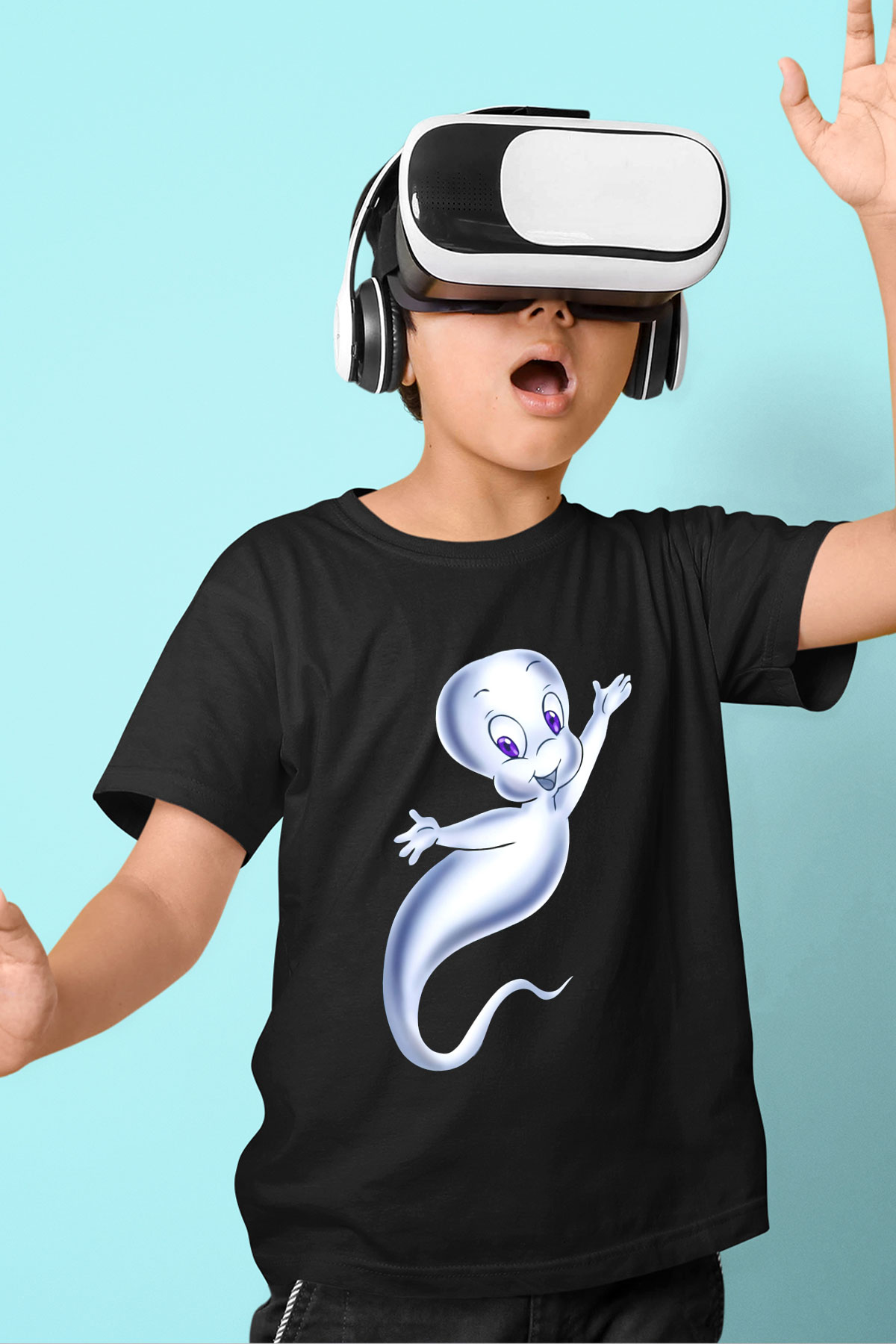 Casper the Friendly Ghost Baskılı Siyah Unisex Çocuk Tişört