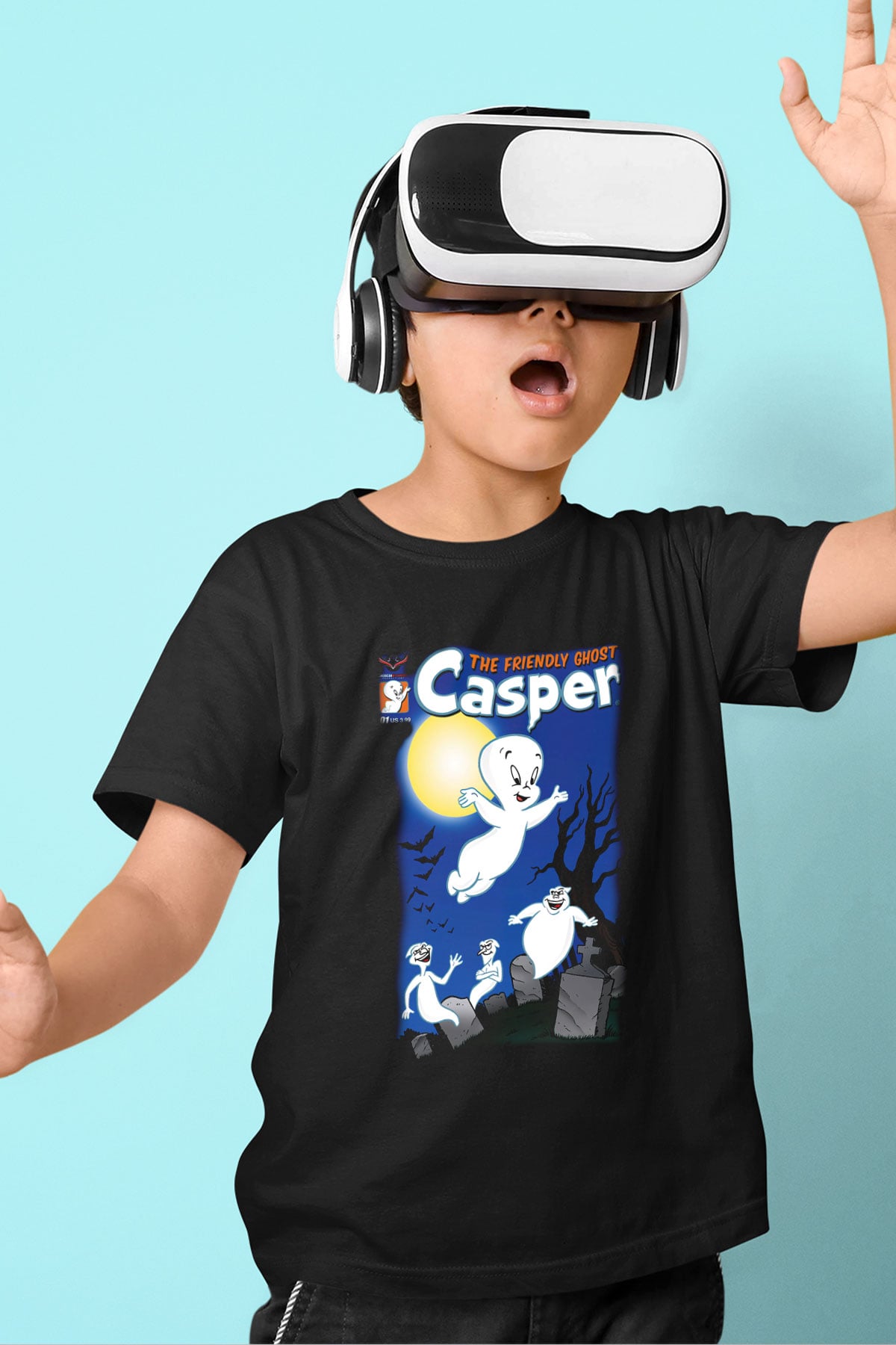 Casper the Friendly Ghost Baskılı Siyah Unisex Çocuk Tişört