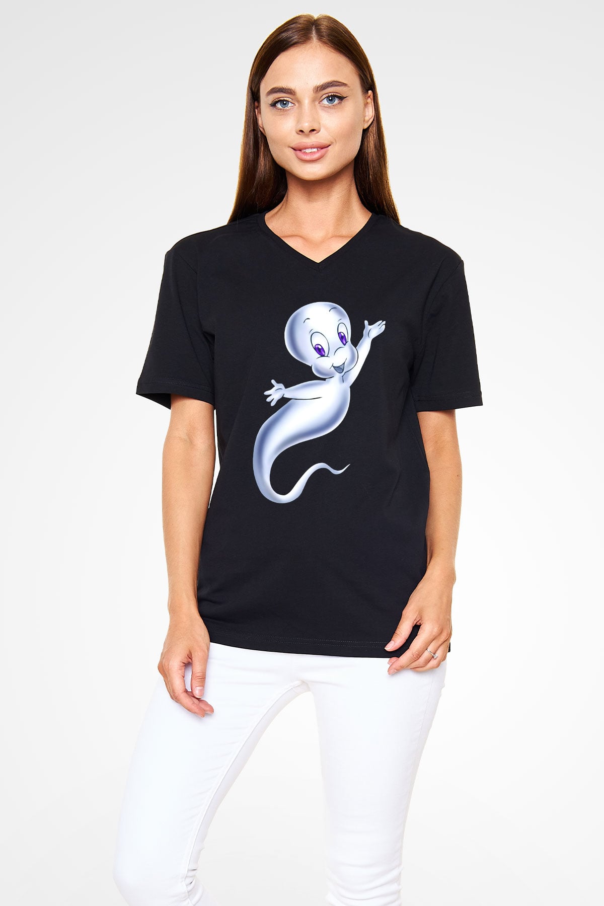Casper the Friendly Ghost Siyah Unisex V Yaka Tişört