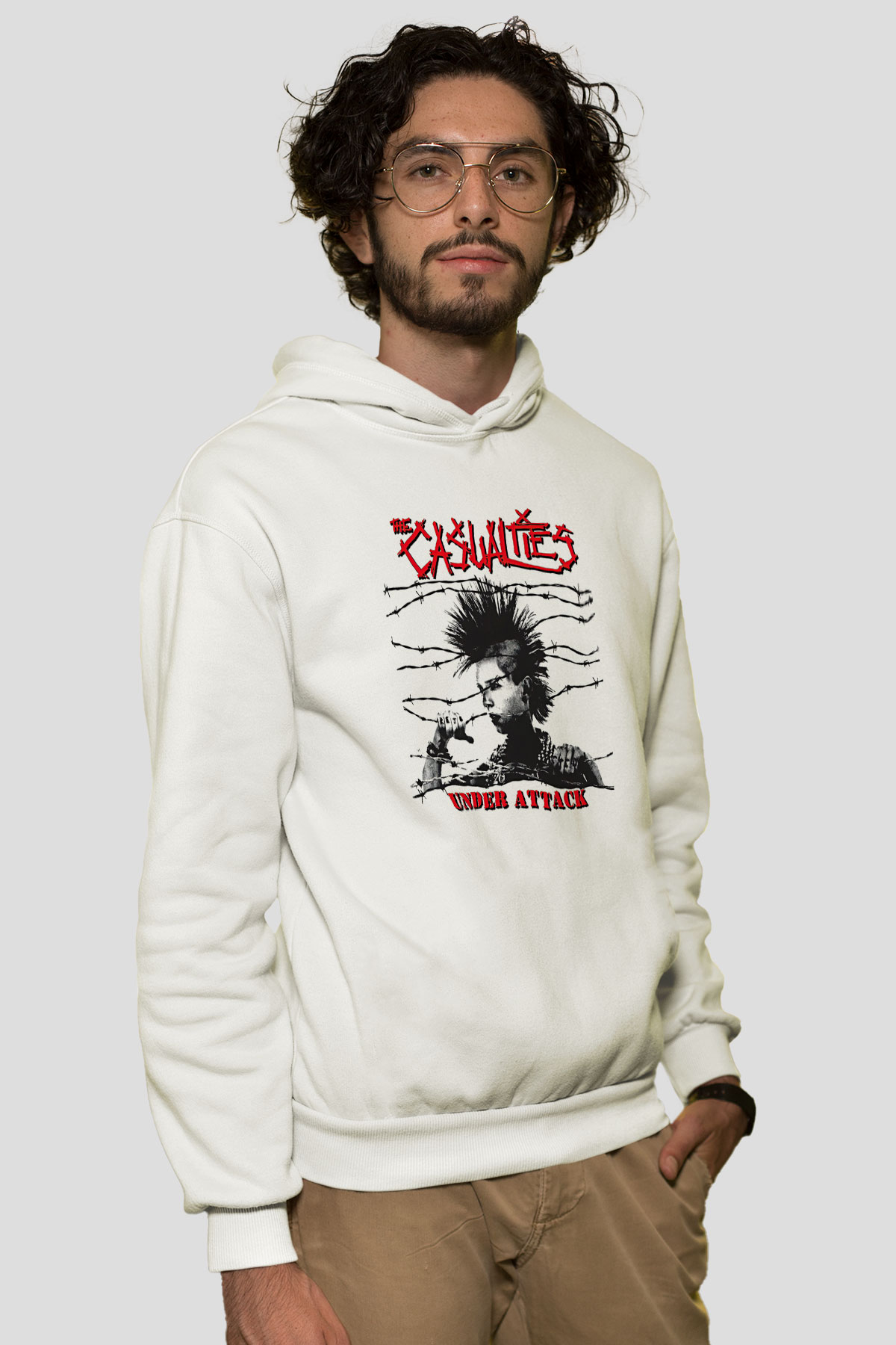 Casualties Baskılı Beyaz Unisex Kapüşonlu Sweatshirt