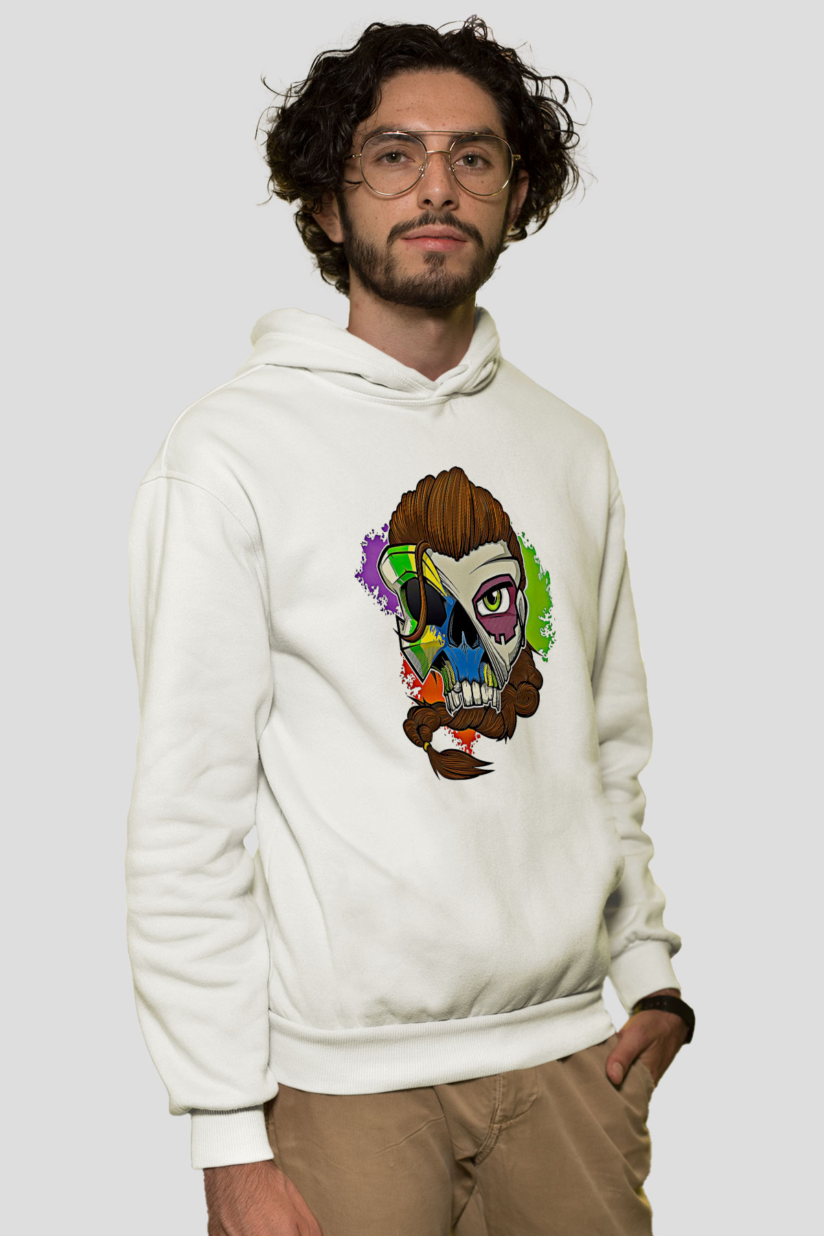 Caveira Baskılı Beyaz Unisex Kapüşonlu Sweatshirt