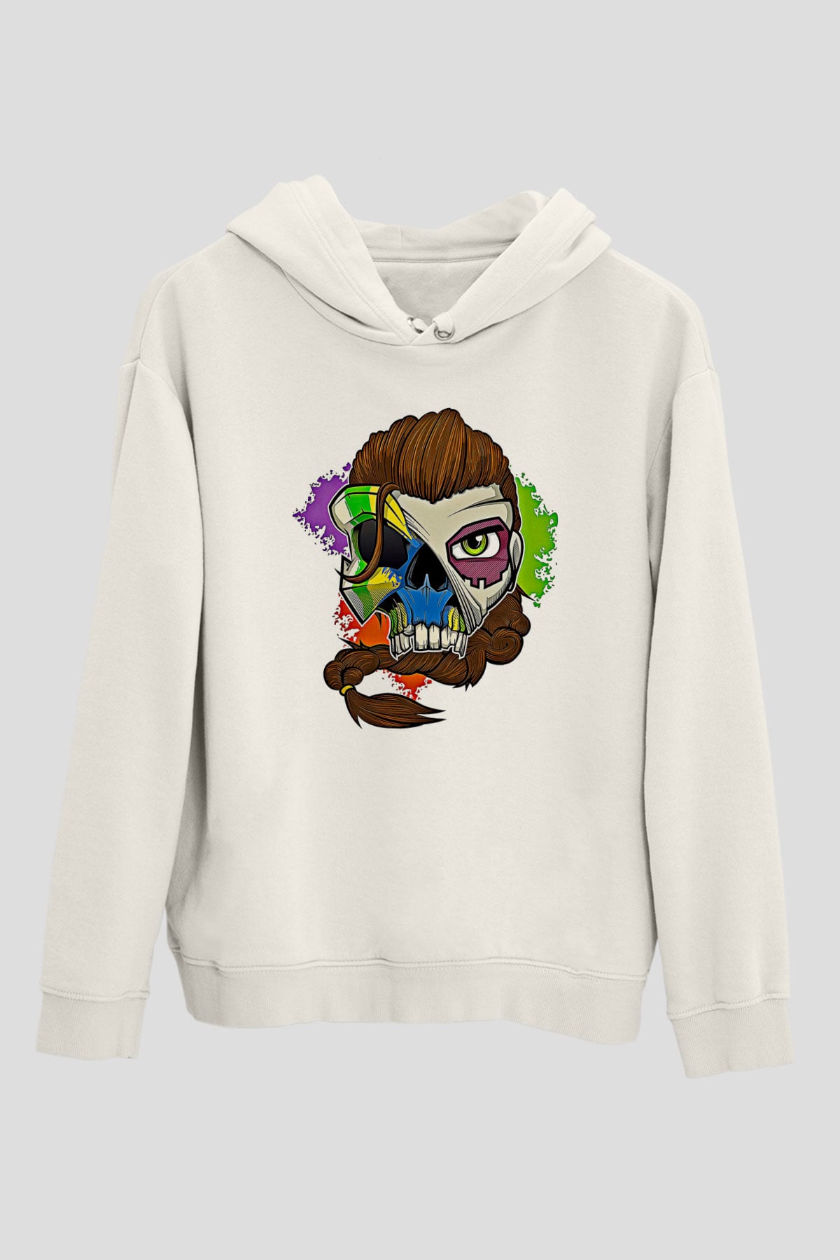 Caveira Baskılı Beyaz Unisex Kapüşonlu Sweatshirt
