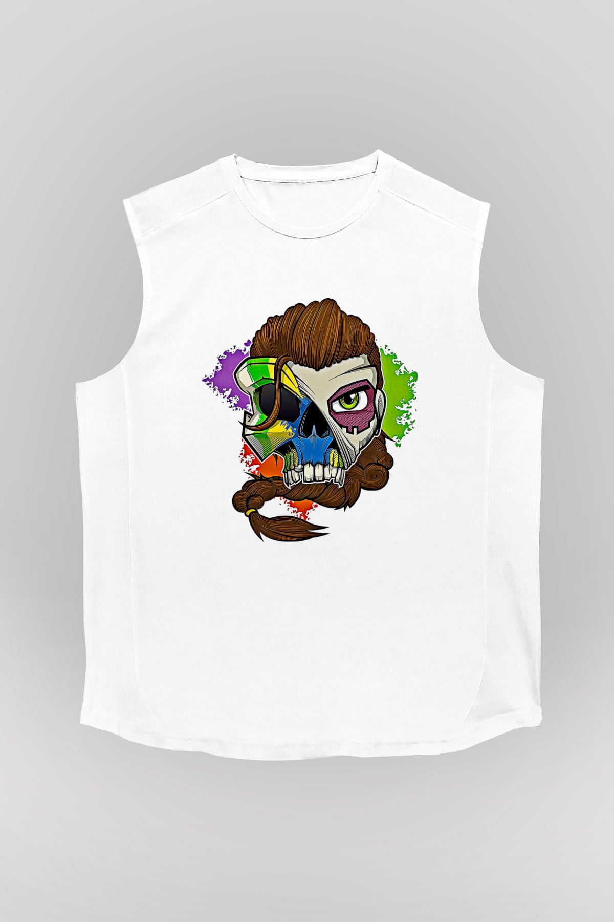 Caveira Baskılı Beyaz Unisex Kolsuz Tişört - Tshirt