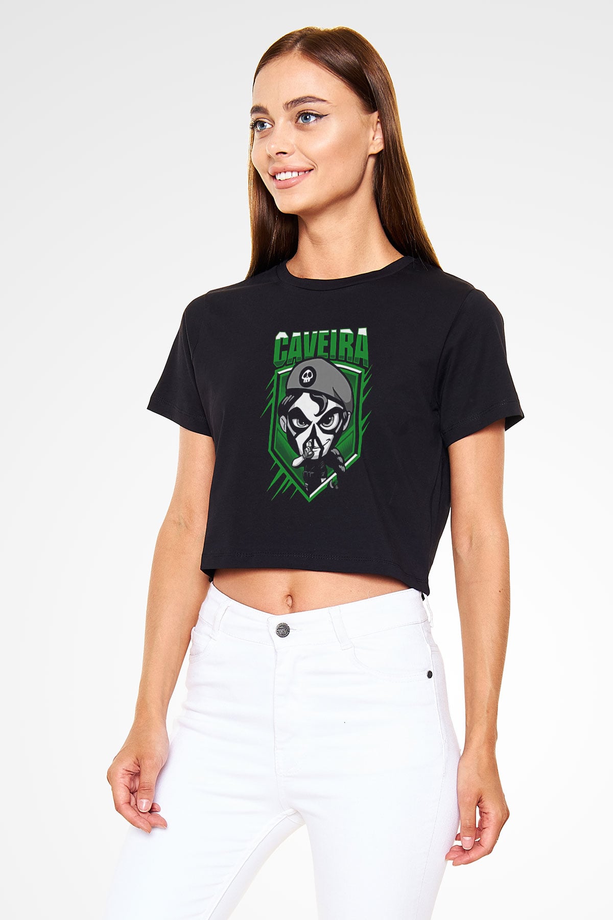 Caveira Baskılı Siyah Crop Top Kadın Tişört - Tshirt