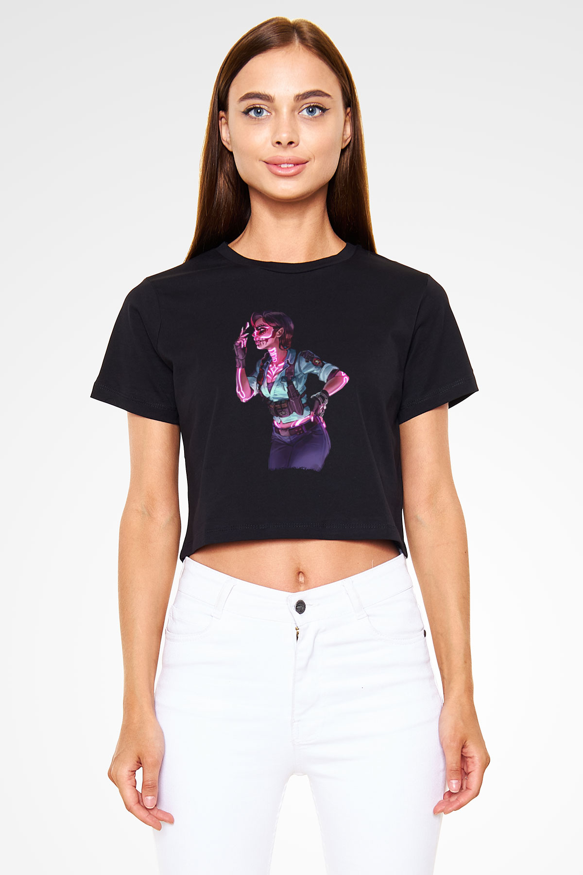 Caveira Baskılı Siyah Crop Top Kadın Tişört - Tshirt
