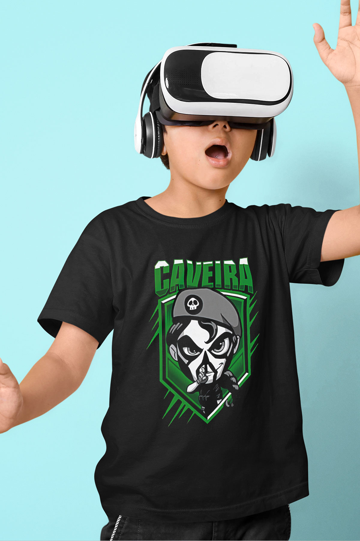Caveira Baskılı Unisex Siyah Çocuk Tişört - Tshirt