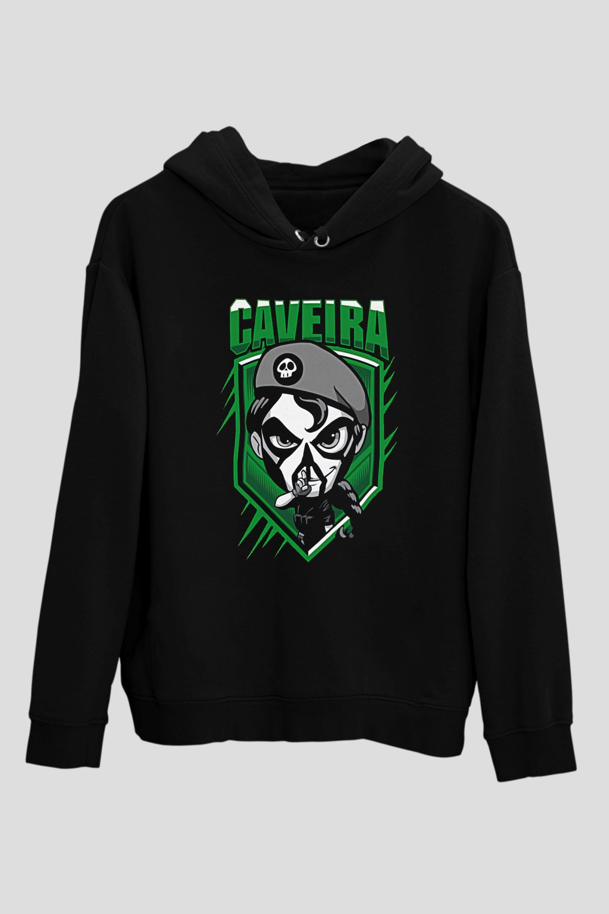 Caveira Baskılı Unisex Siyah Kapüşonlu Sweatshirt