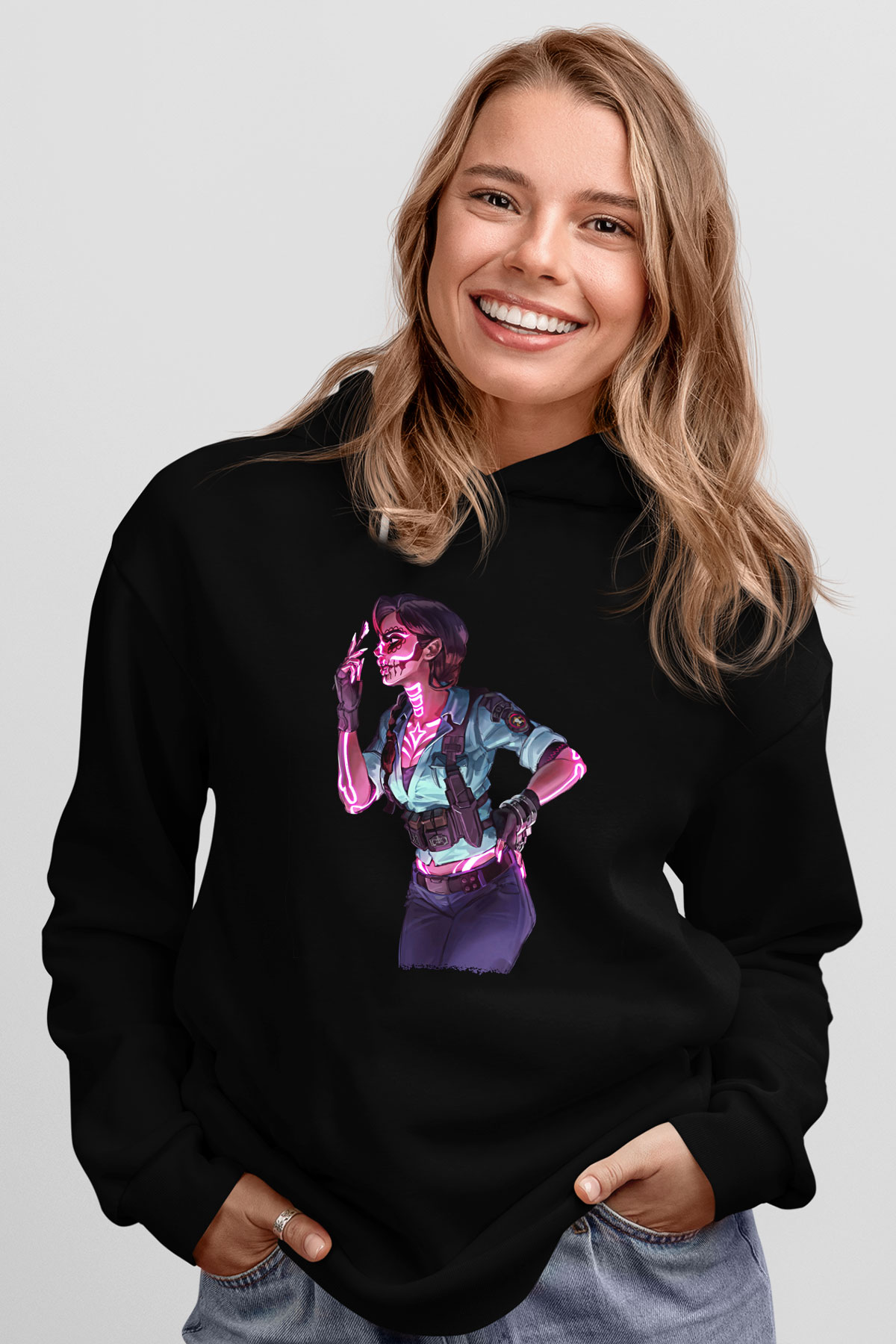 Caveira Baskılı Unisex Siyah Kapüşonlu Sweatshirt