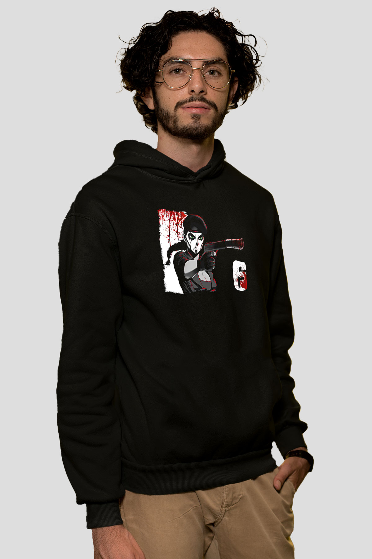 Caveira Baskılı Unisex Siyah Kapüşonlu Sweatshirt