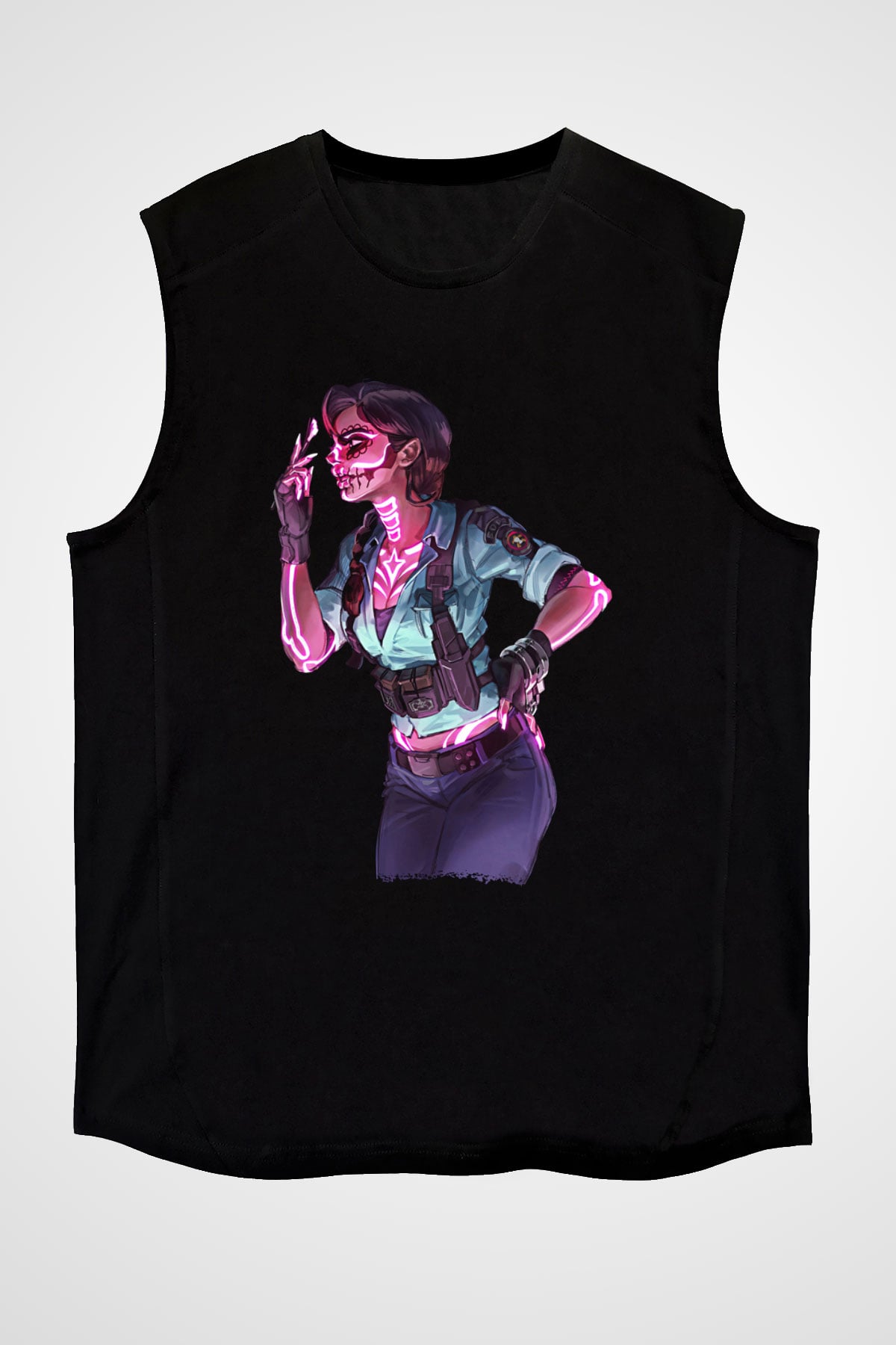 Caveira Baskılı Unisex Siyah Kolsuz Tişört - Tshirt