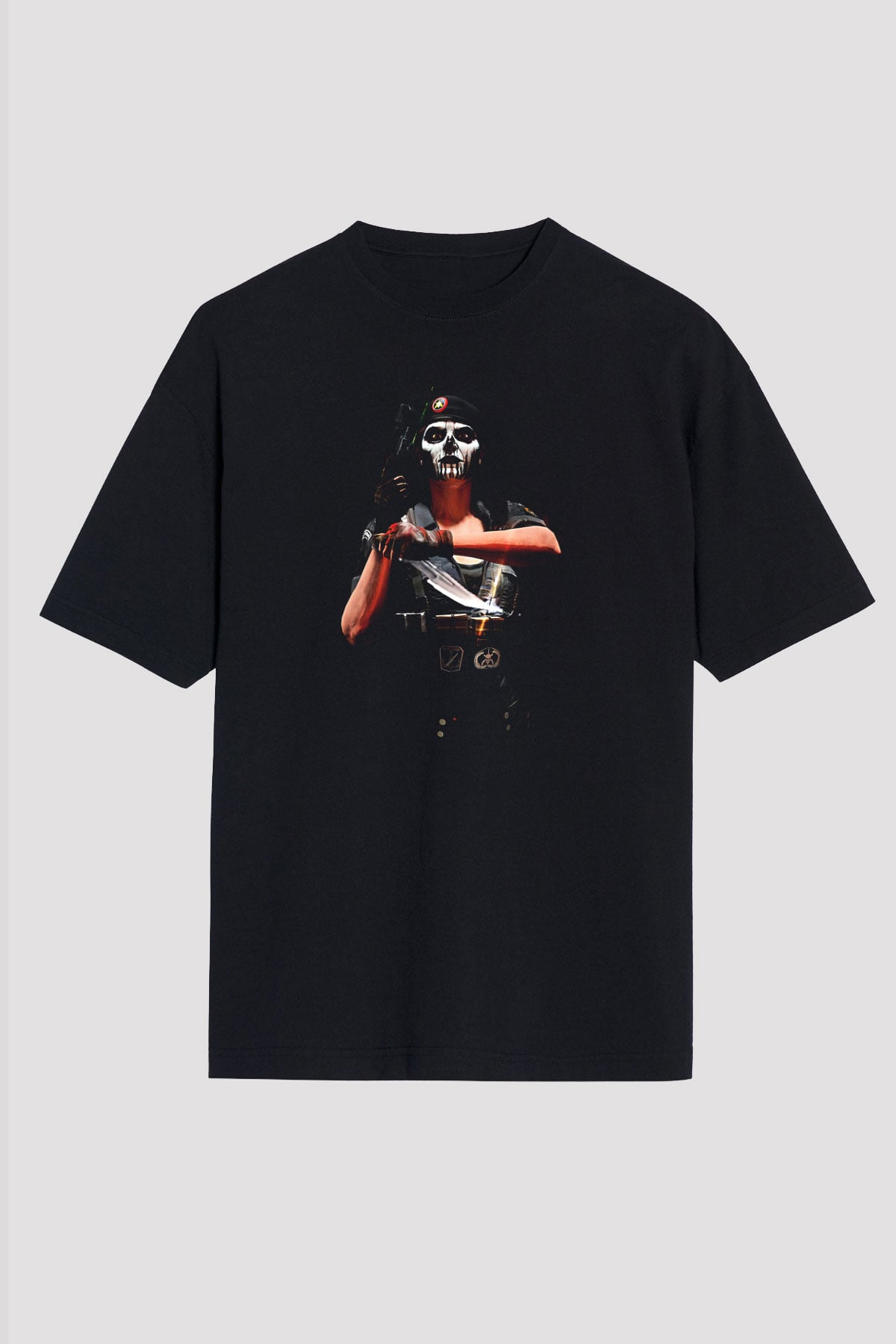 Caveira Baskılı Unisex Siyah Oversize Tişört - Tshirt