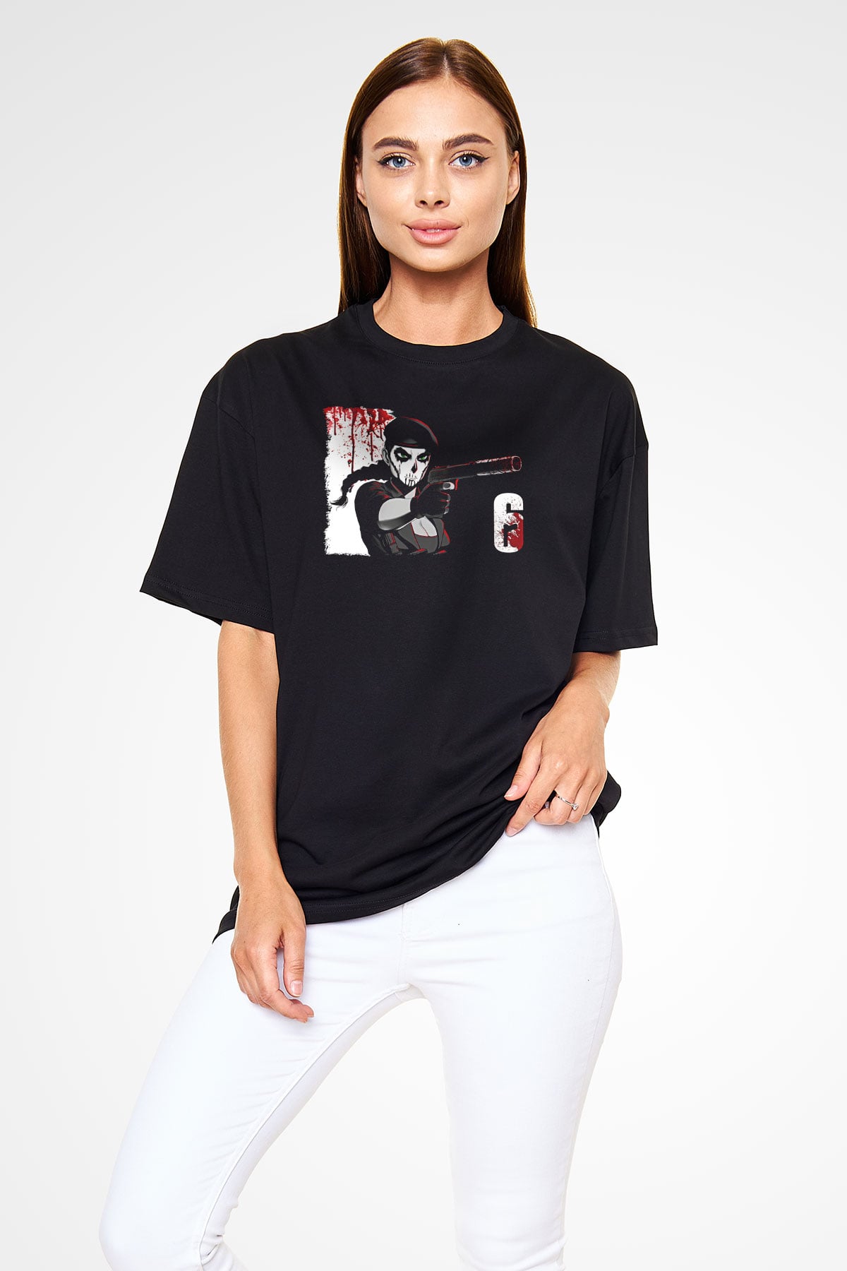 Caveira Baskılı Unisex Siyah Oversize Tişört - Tshirt