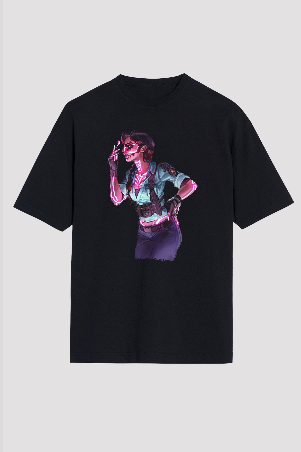 Caveira Baskılı Unisex Siyah Oversize Tişört - Tshirt