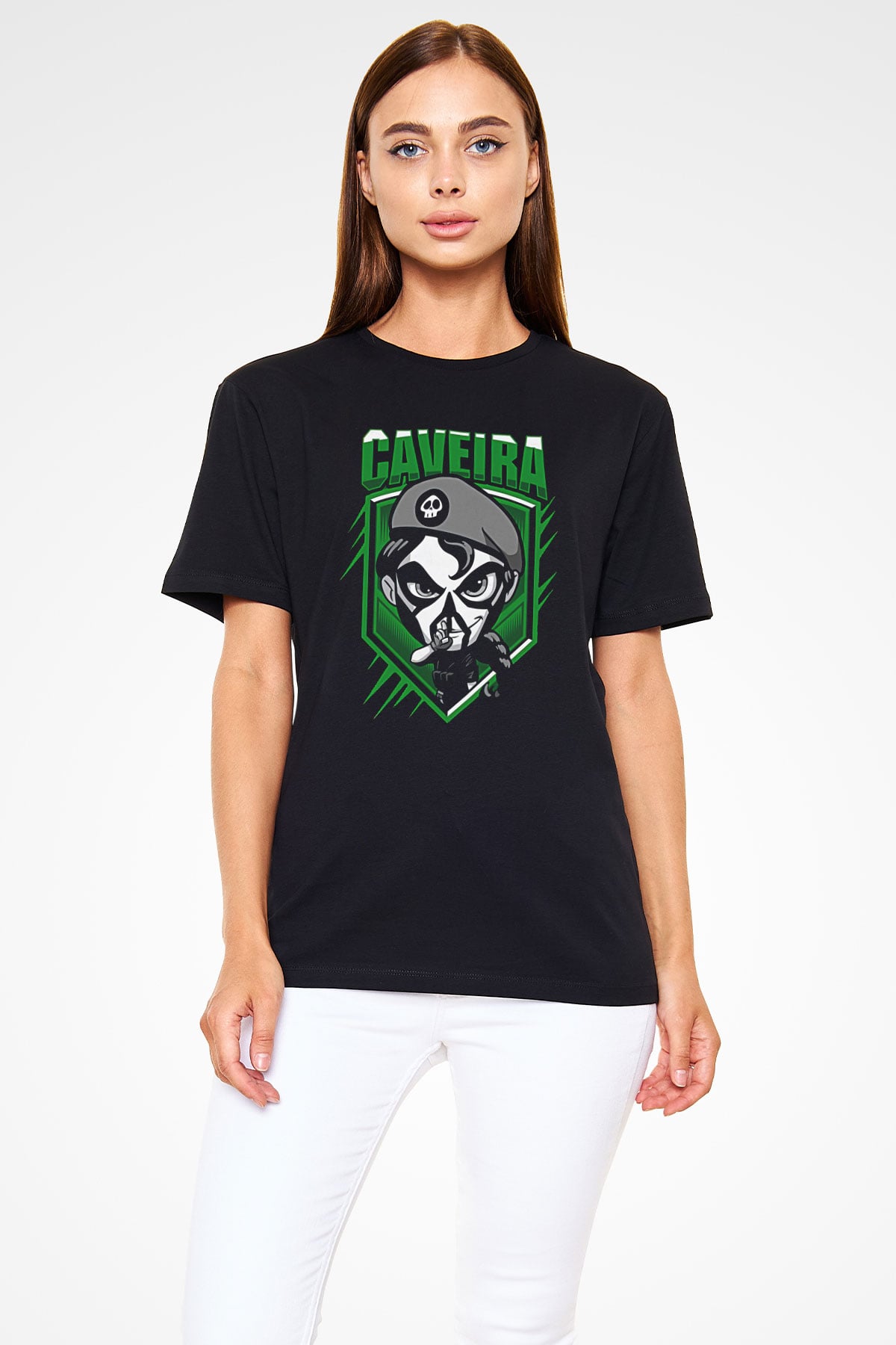 Caveira Baskılı Unisex Siyah Tişört - Tshirt