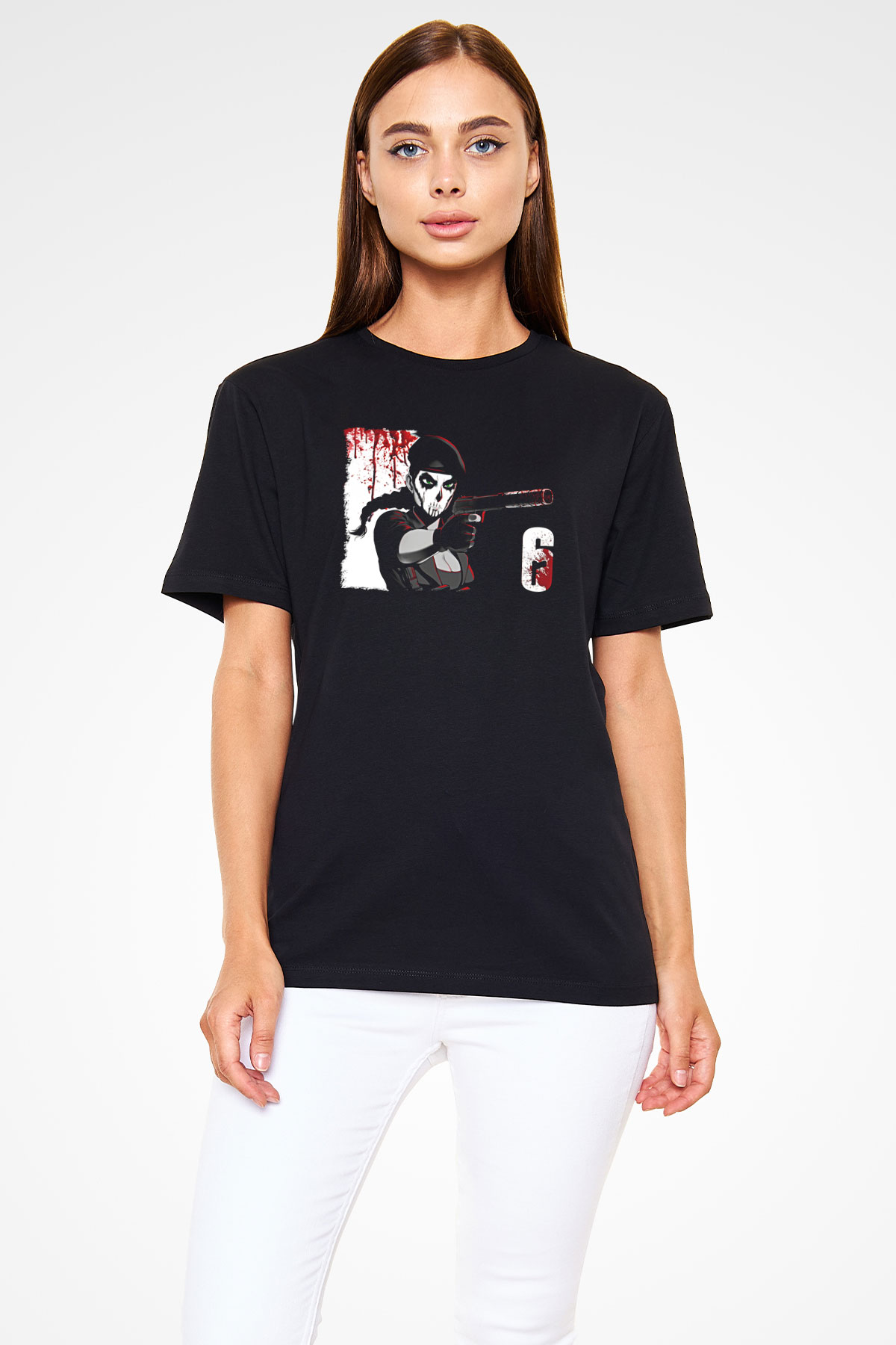 Caveira Baskılı Unisex Siyah Tişört - Tshirt