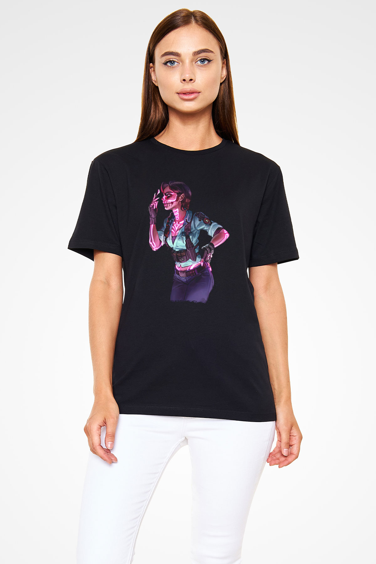 Caveira Baskılı Unisex Siyah Tişört - Tshirt