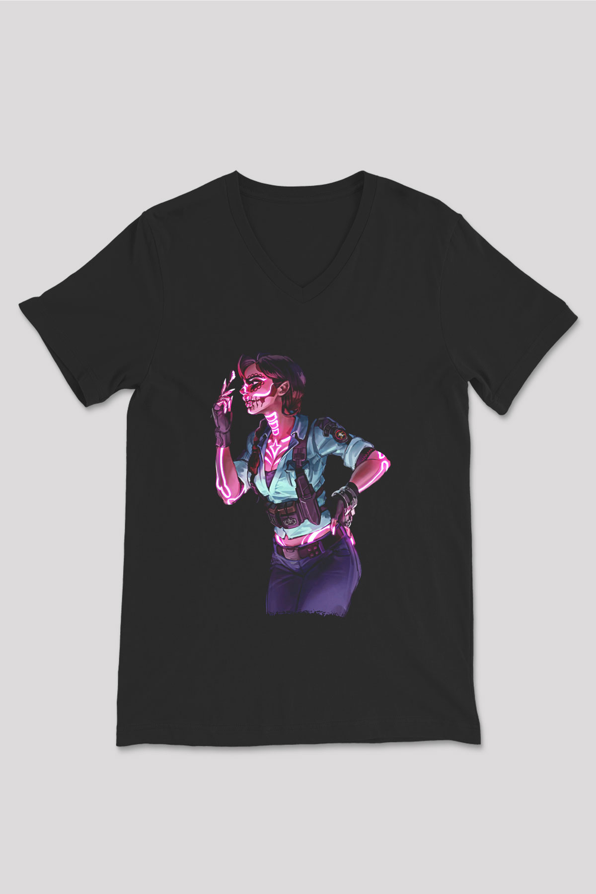 Caveira Baskılı Unisex Siyah V Yaka Tişört - Tshirt