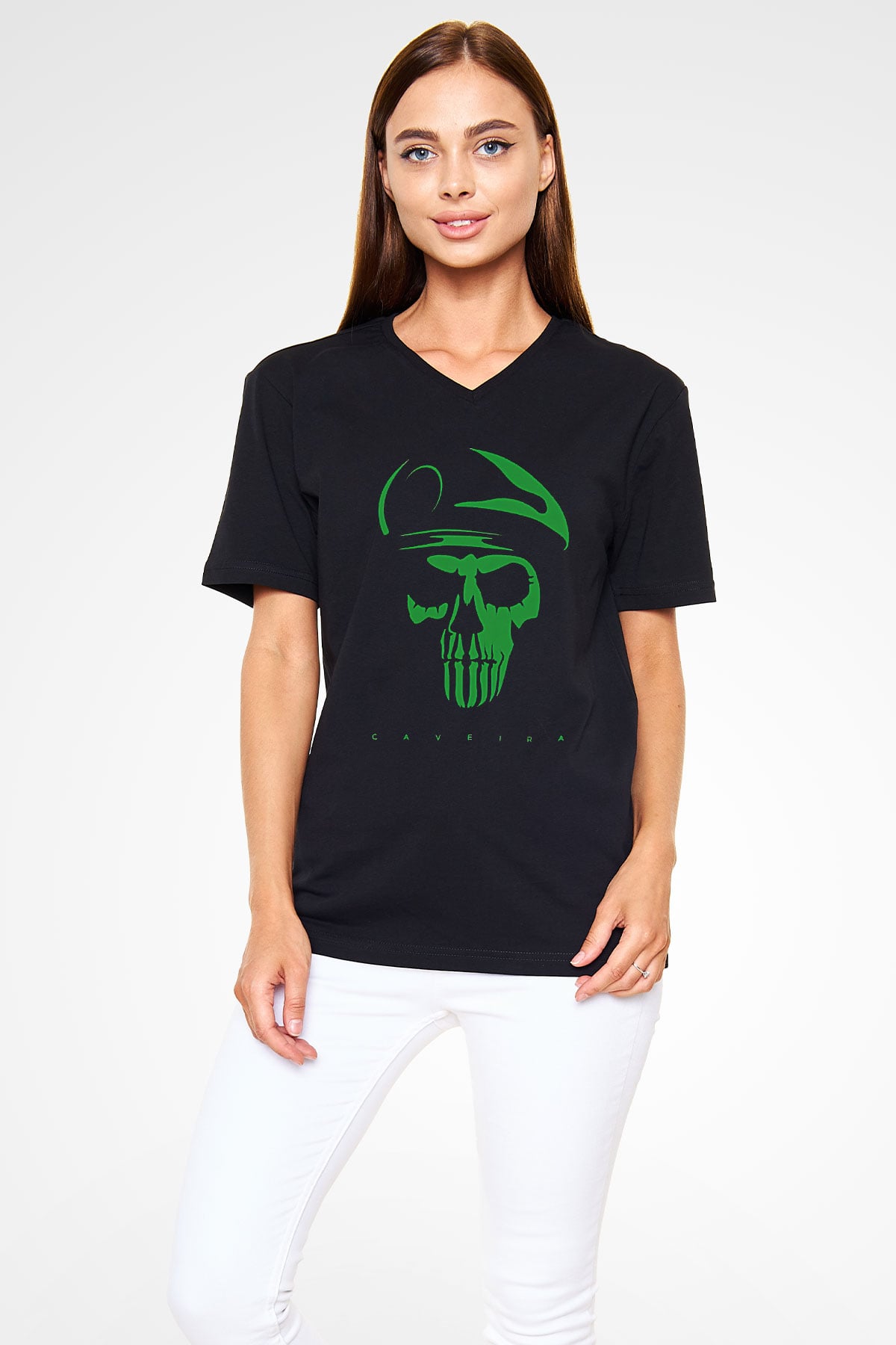 Caveira Baskılı Unisex Siyah V Yaka Tişört - Tshirt