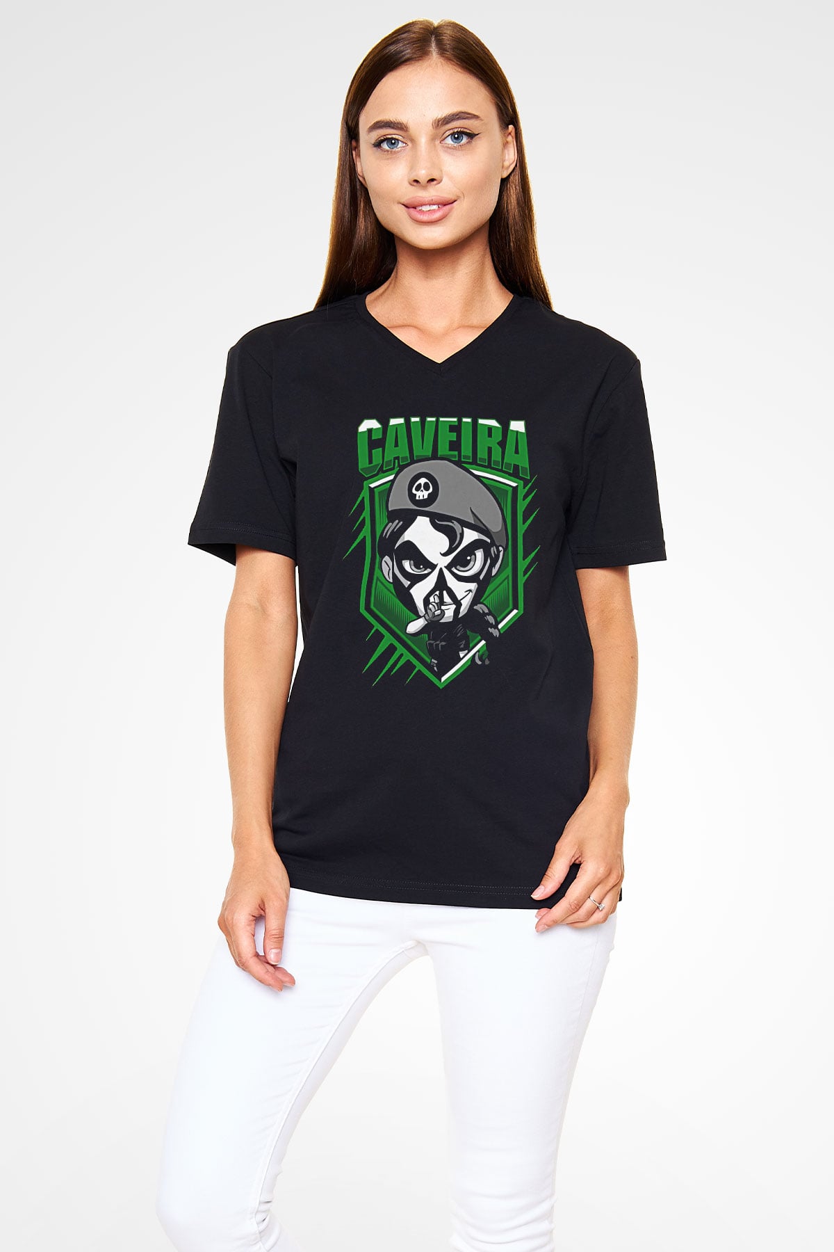 Caveira Baskılı Unisex Siyah V Yaka Tişört - Tshirt