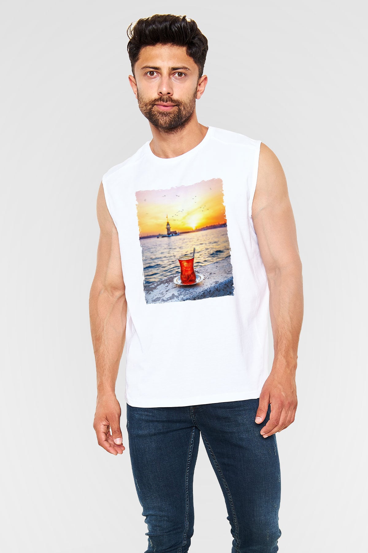 Çaycı Beyaz Unisex Kolsuz Tişört