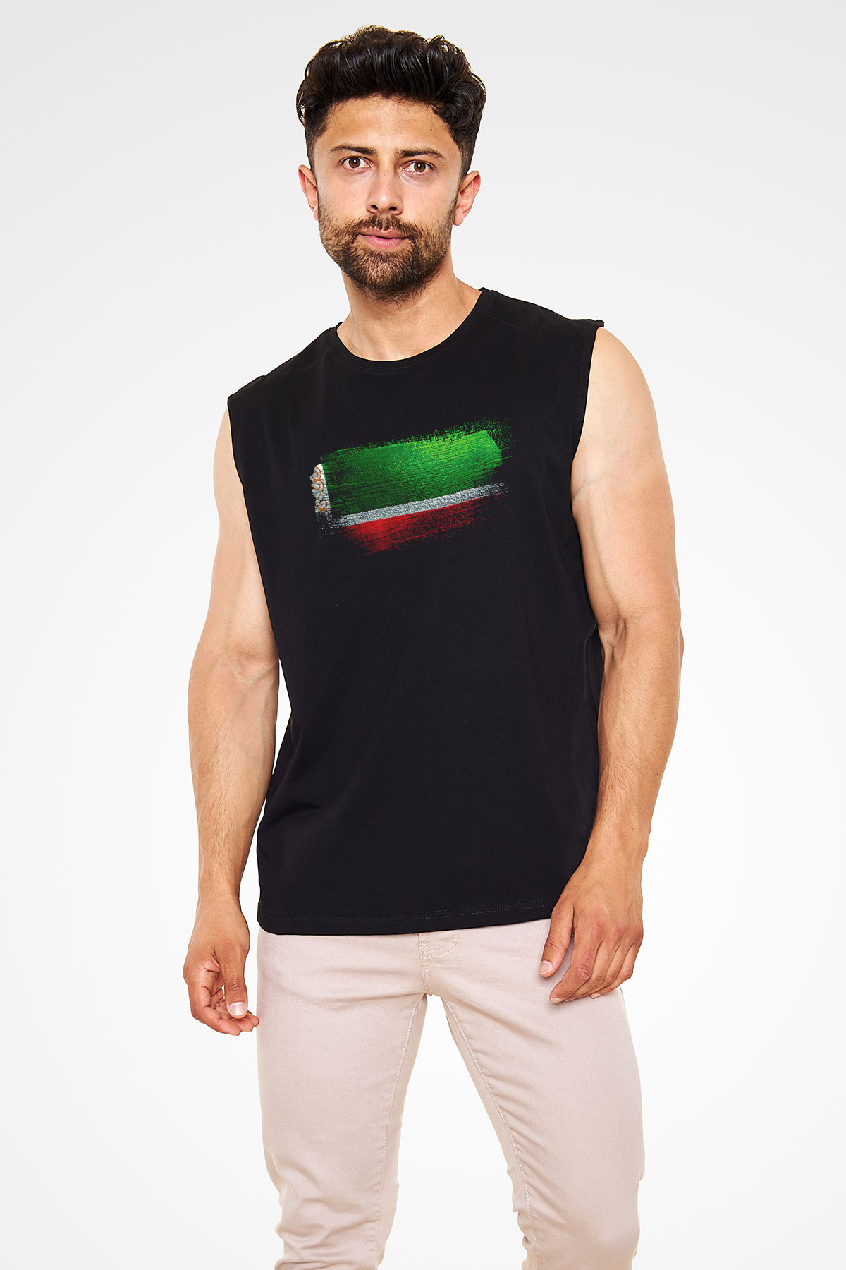 Çeçenistan - Chechnya - Chechen Republic Bayrağı Baskılı Unisex Siyah Kolsuz Tişört