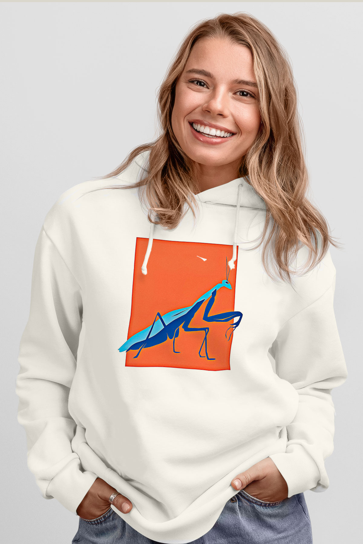 Çekirge Baskılı Beyaz Unisex Hoodie