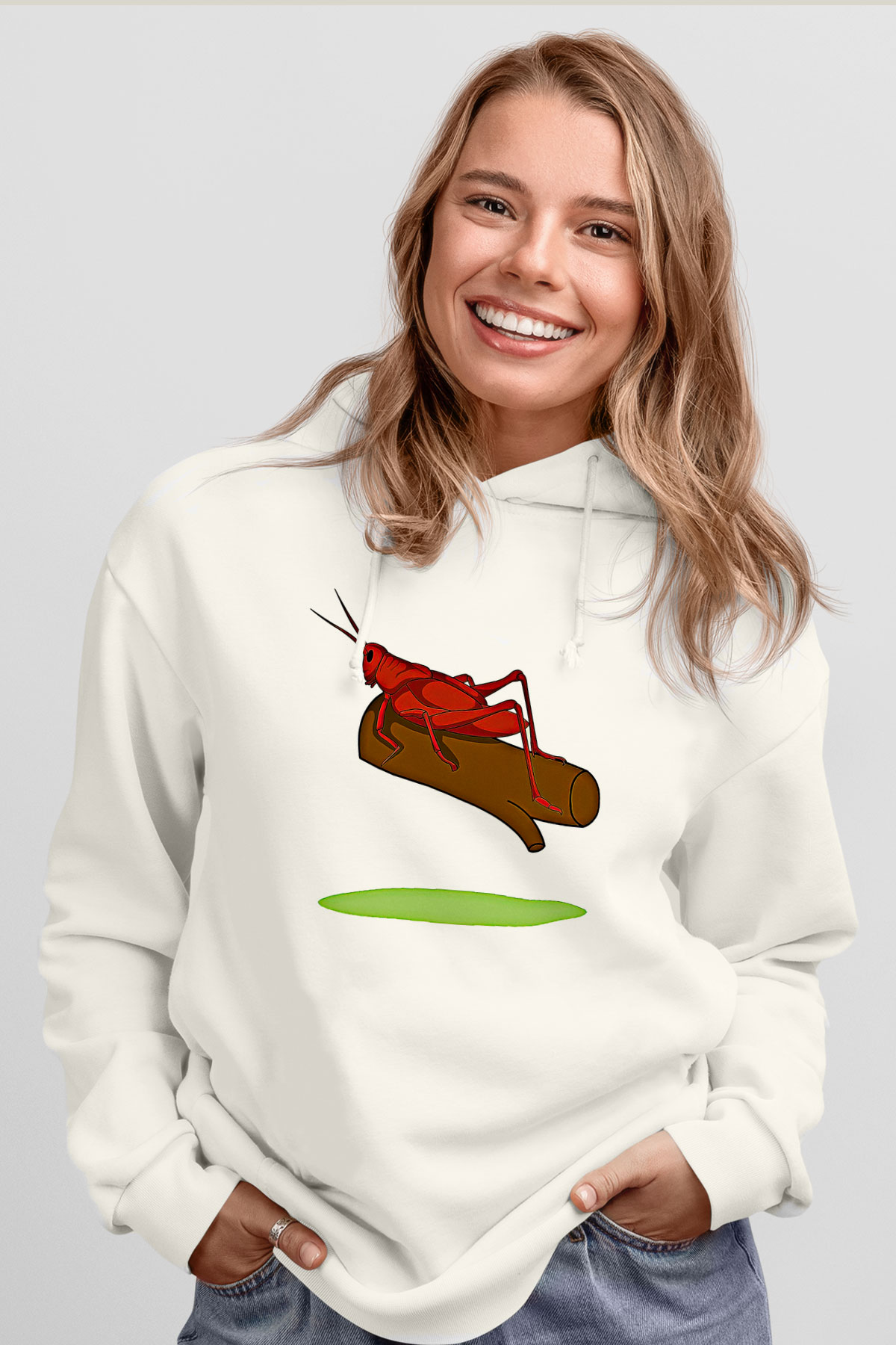 Çekirge Baskılı Beyaz Unisex Hoodie