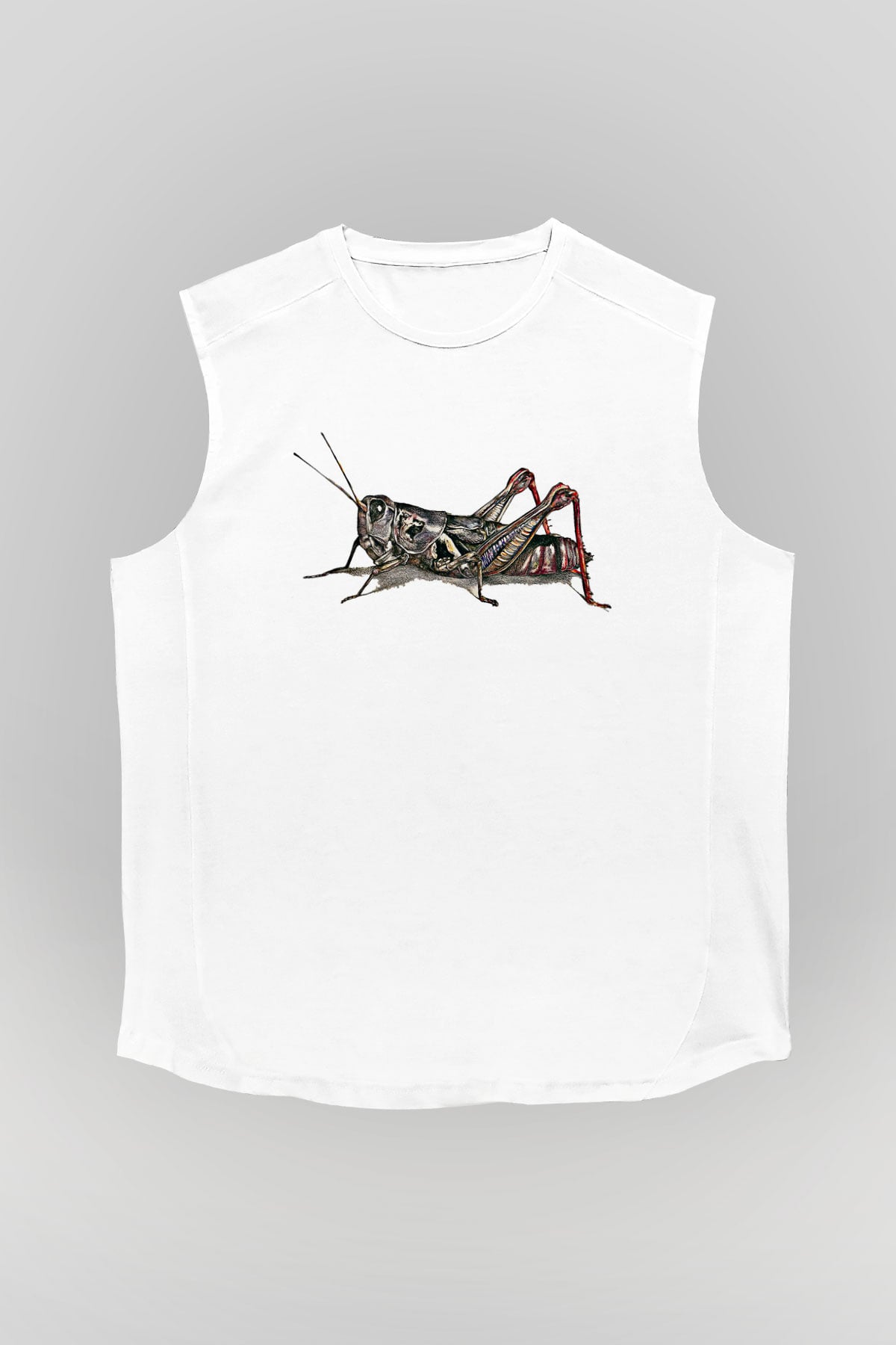 Çekirge Baskılı Beyaz Unisex Kolsuz Tişört - Tshirt