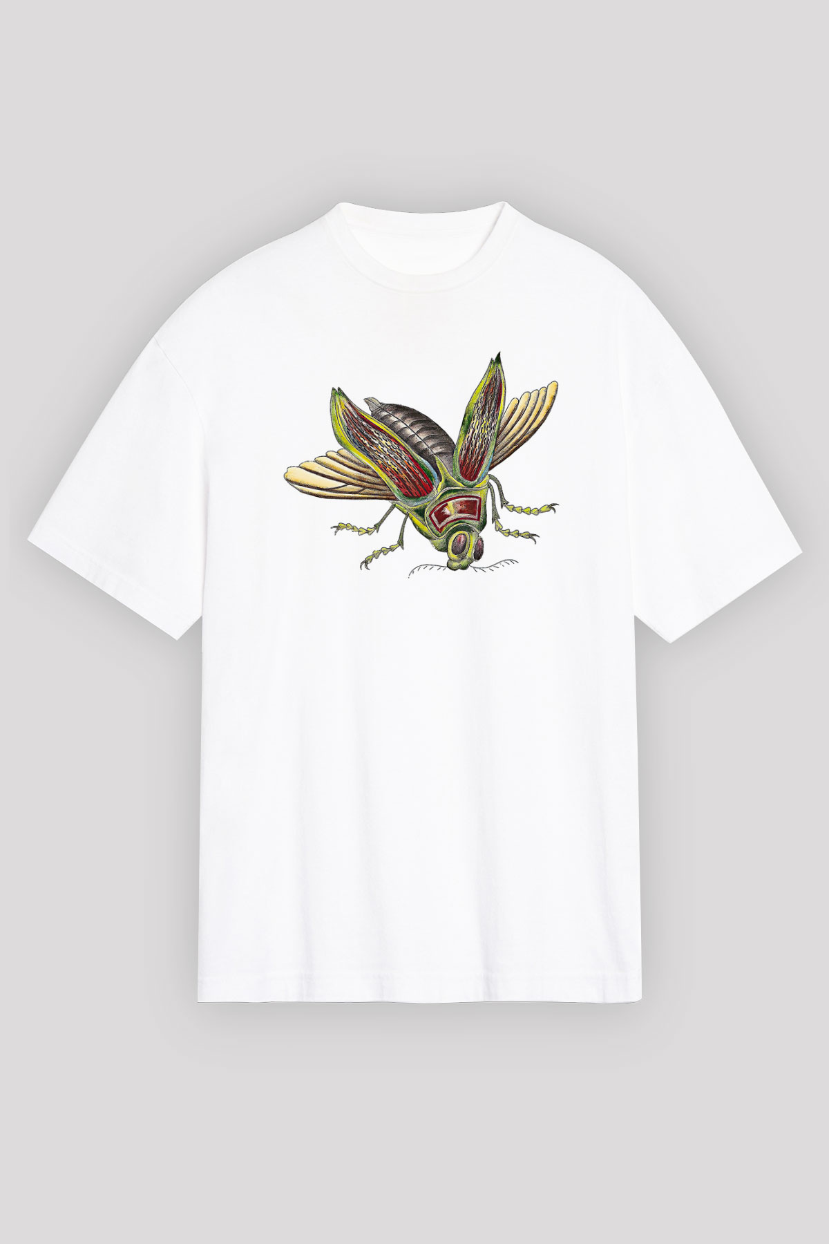 Çekirge Baskılı Beyaz Unisex Oversize Tişört - Tshirt